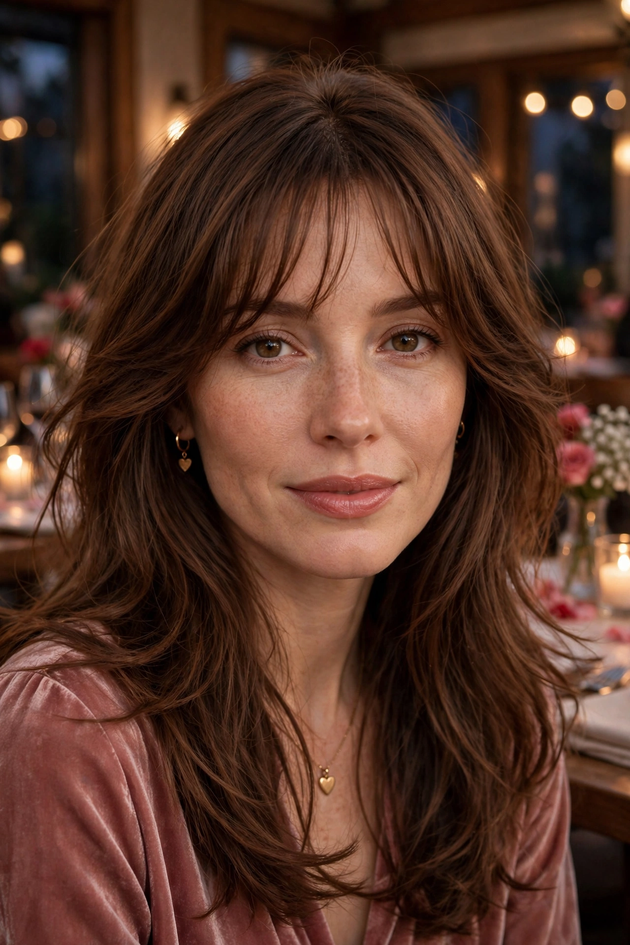 whisper fringe with long face-framing layers in chestnut brown with soft movement