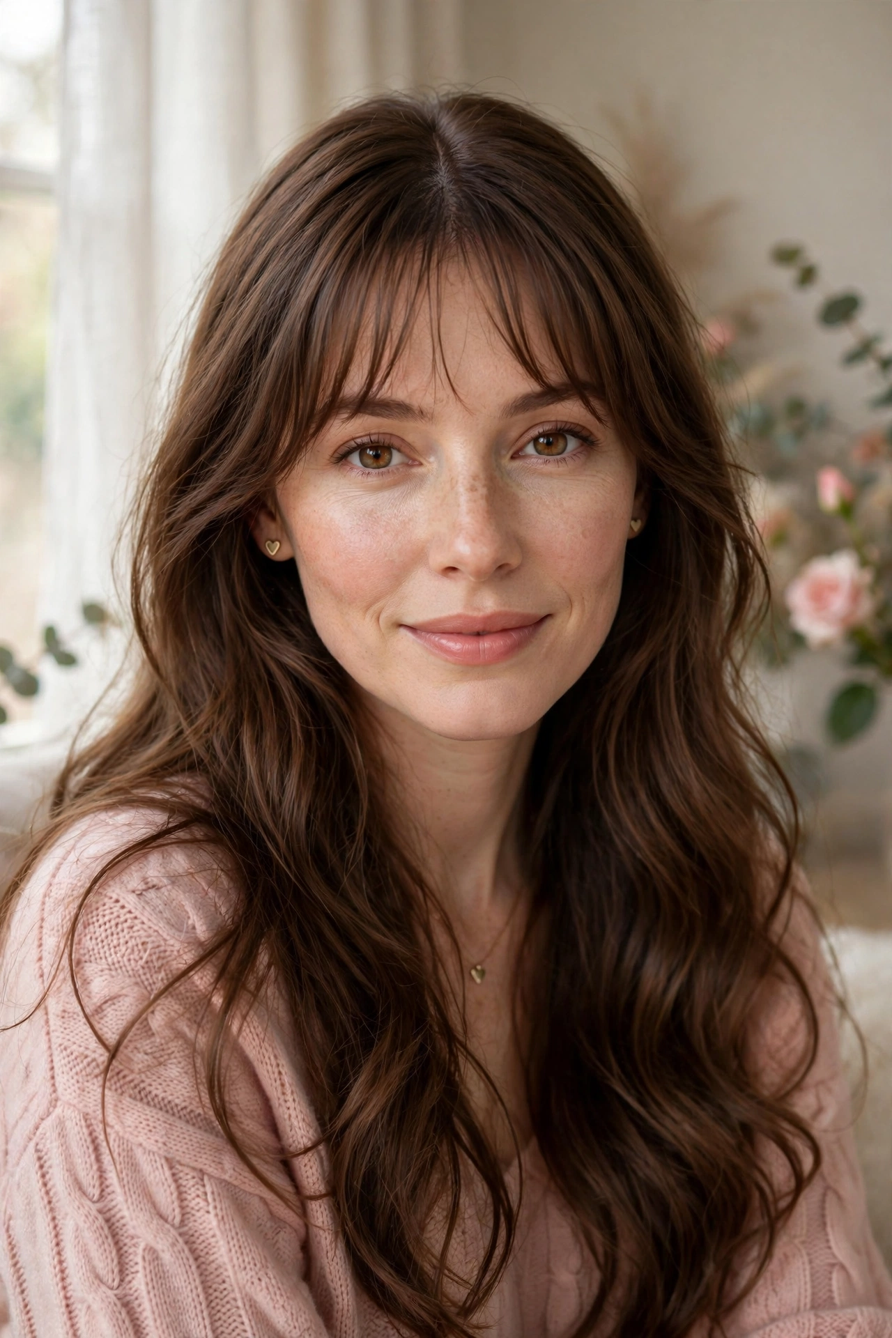 whisper fringe with long airy waves in chestnut brown with centre part