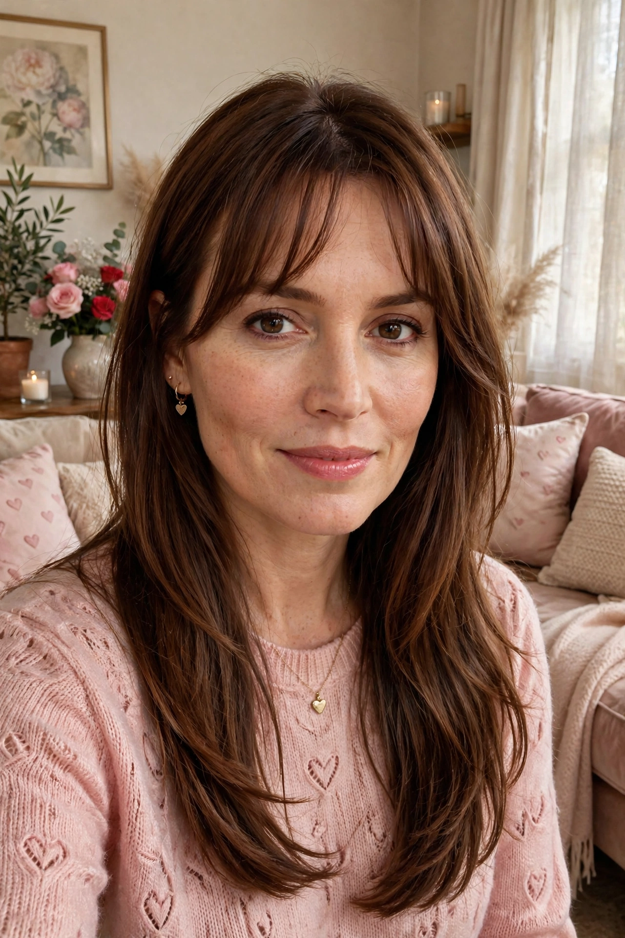 whisper fringe with long sleek layers in chestnut brown with side part