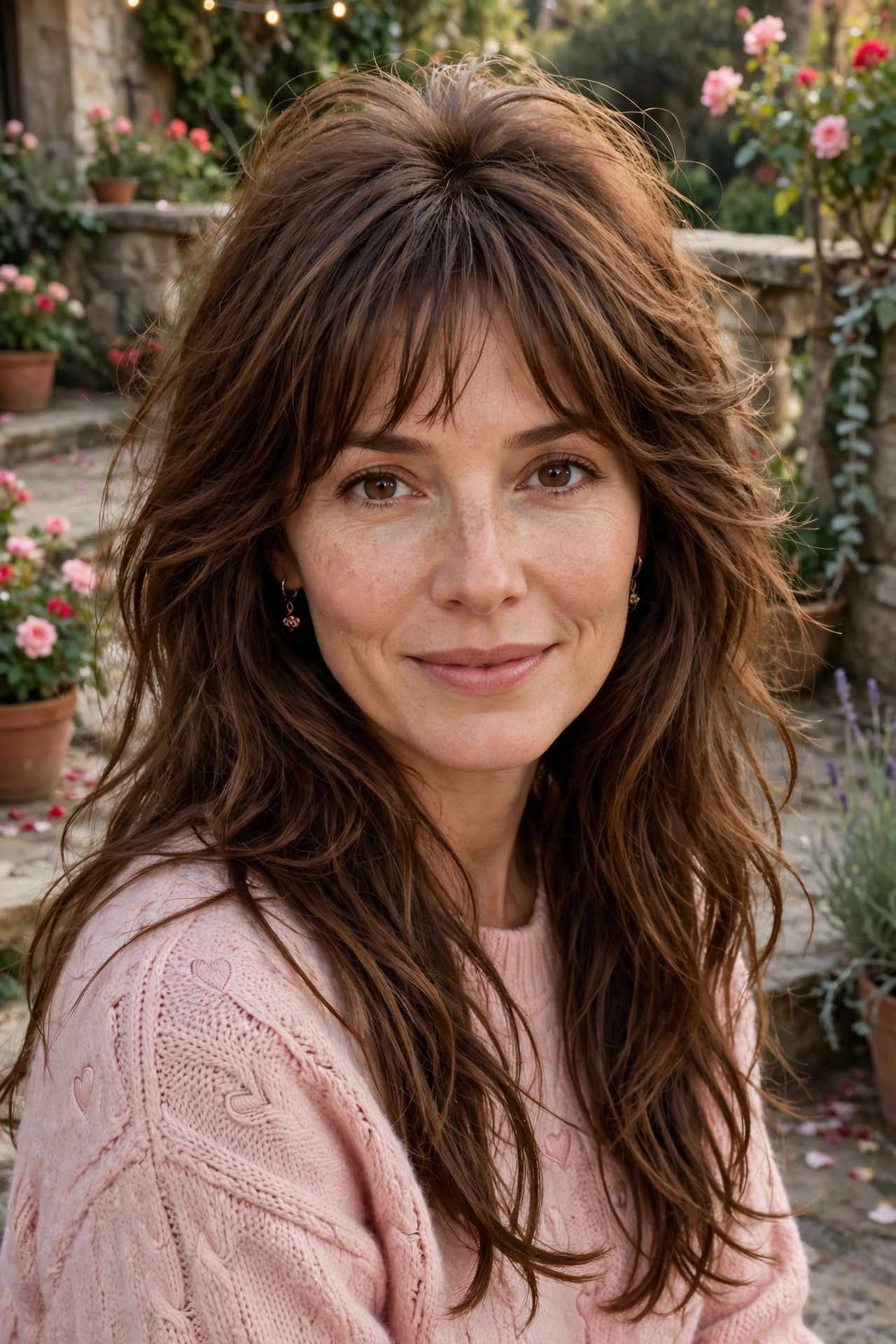 whisper fringe with long tousled layers in chestnut brown with crown volume