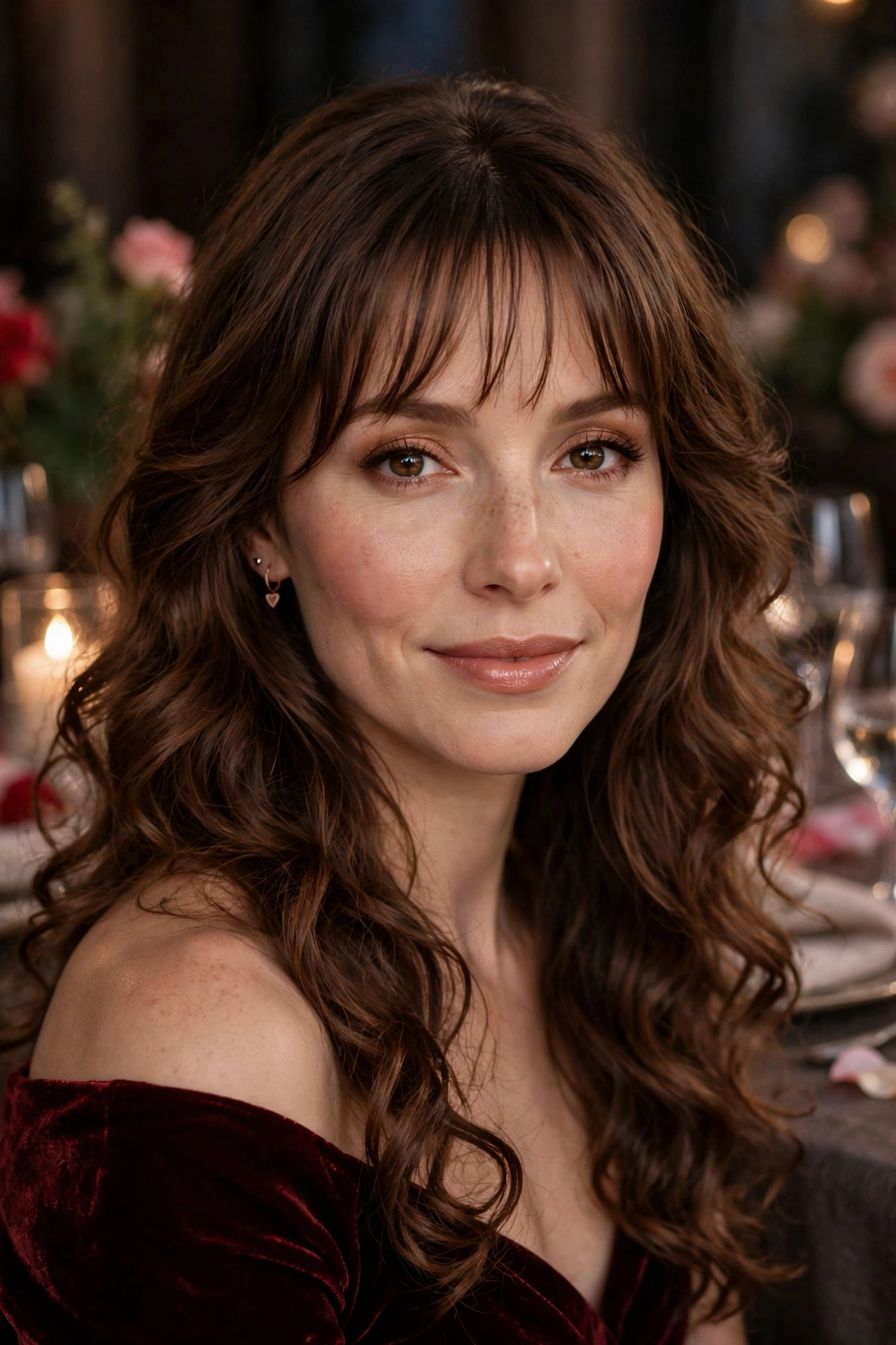 whisper fringe with long soft curls in chestnut brown with evening finish