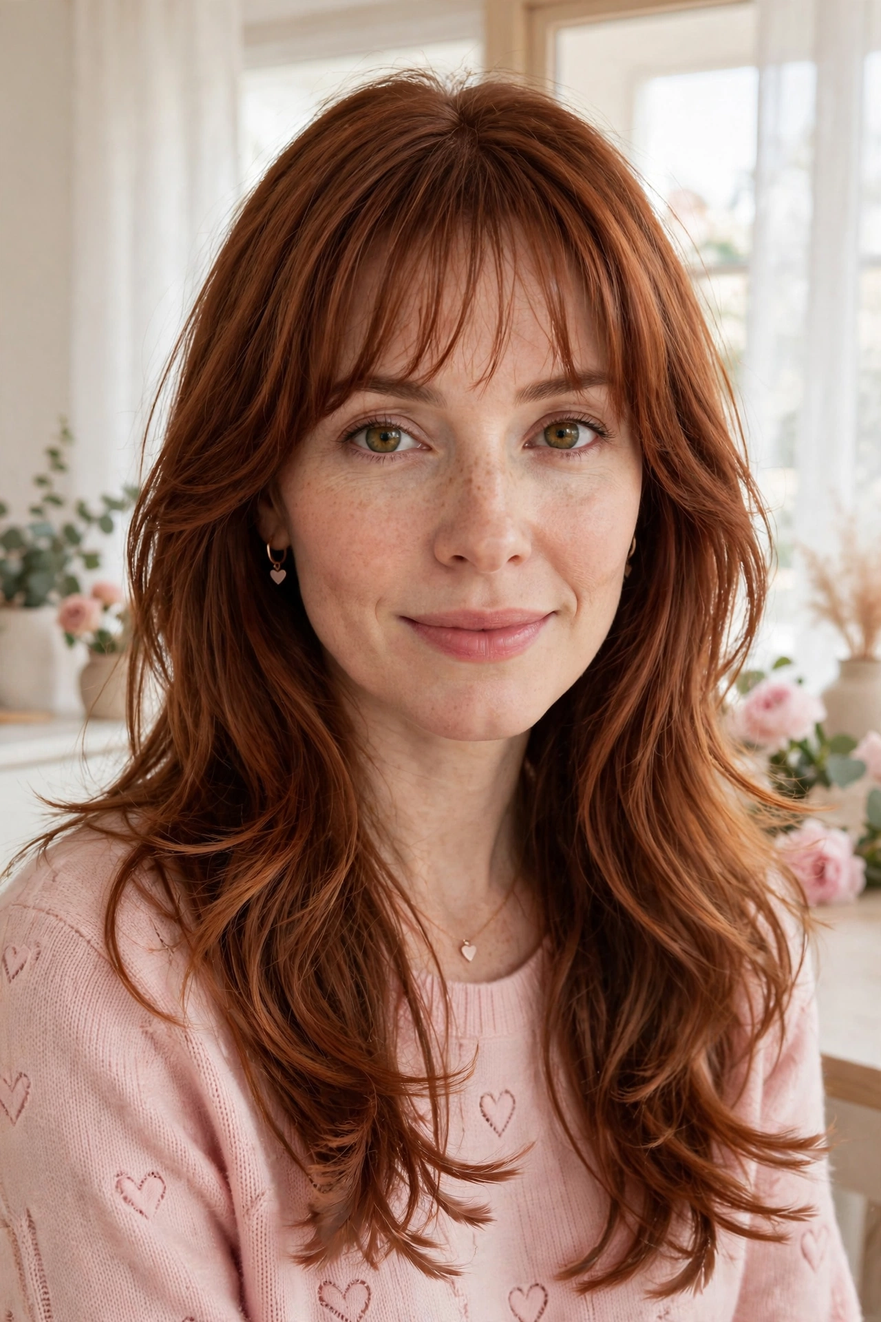 whisper fringe with long feathered layers in warm auburn with feathered ends