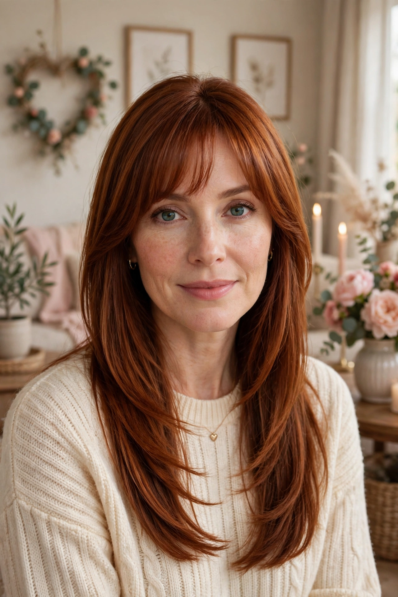whisper fringe with long sleek layers in warm auburn with side part
