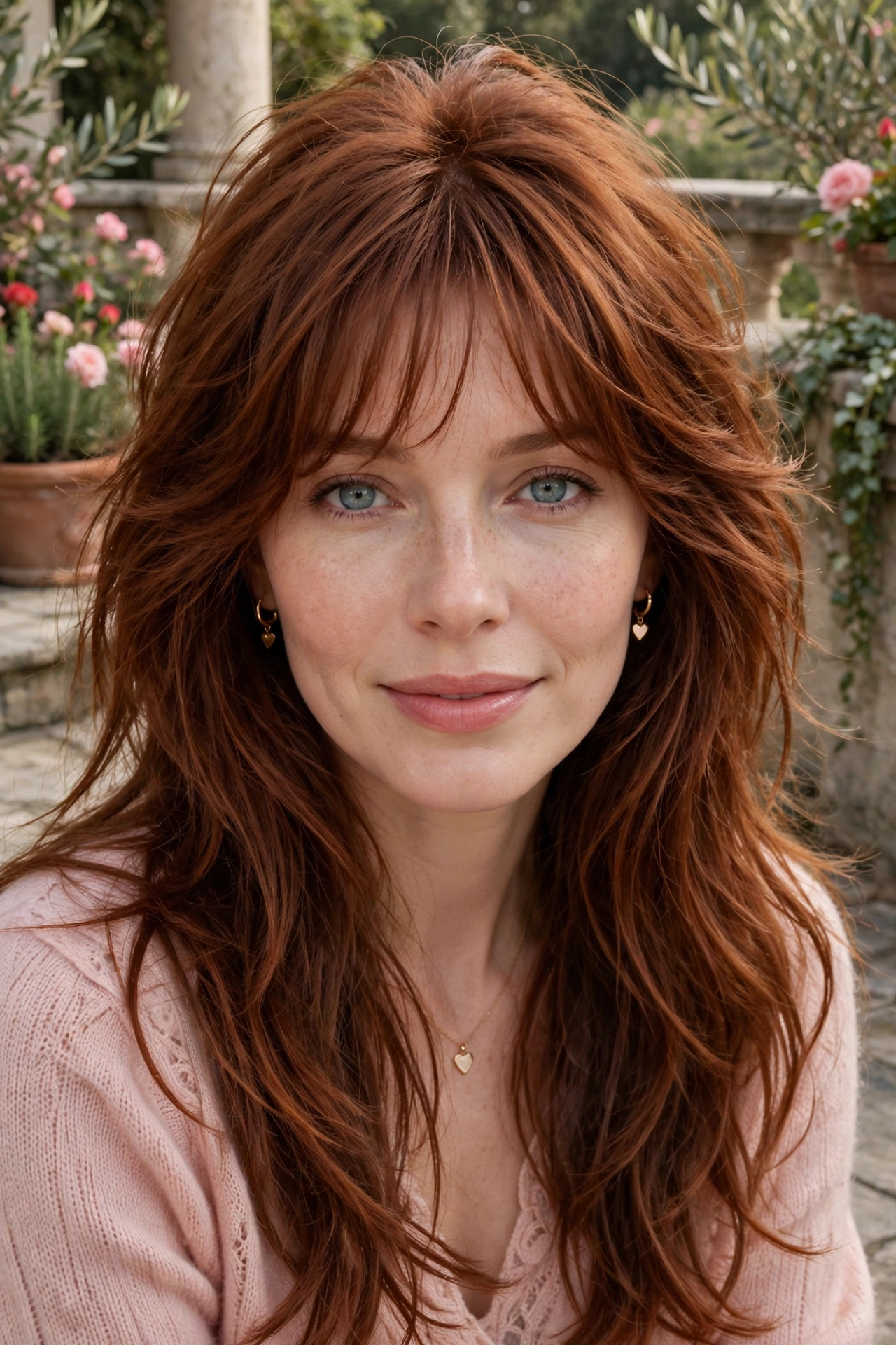 whisper fringe with long tousled layers in warm auburn with crown volume