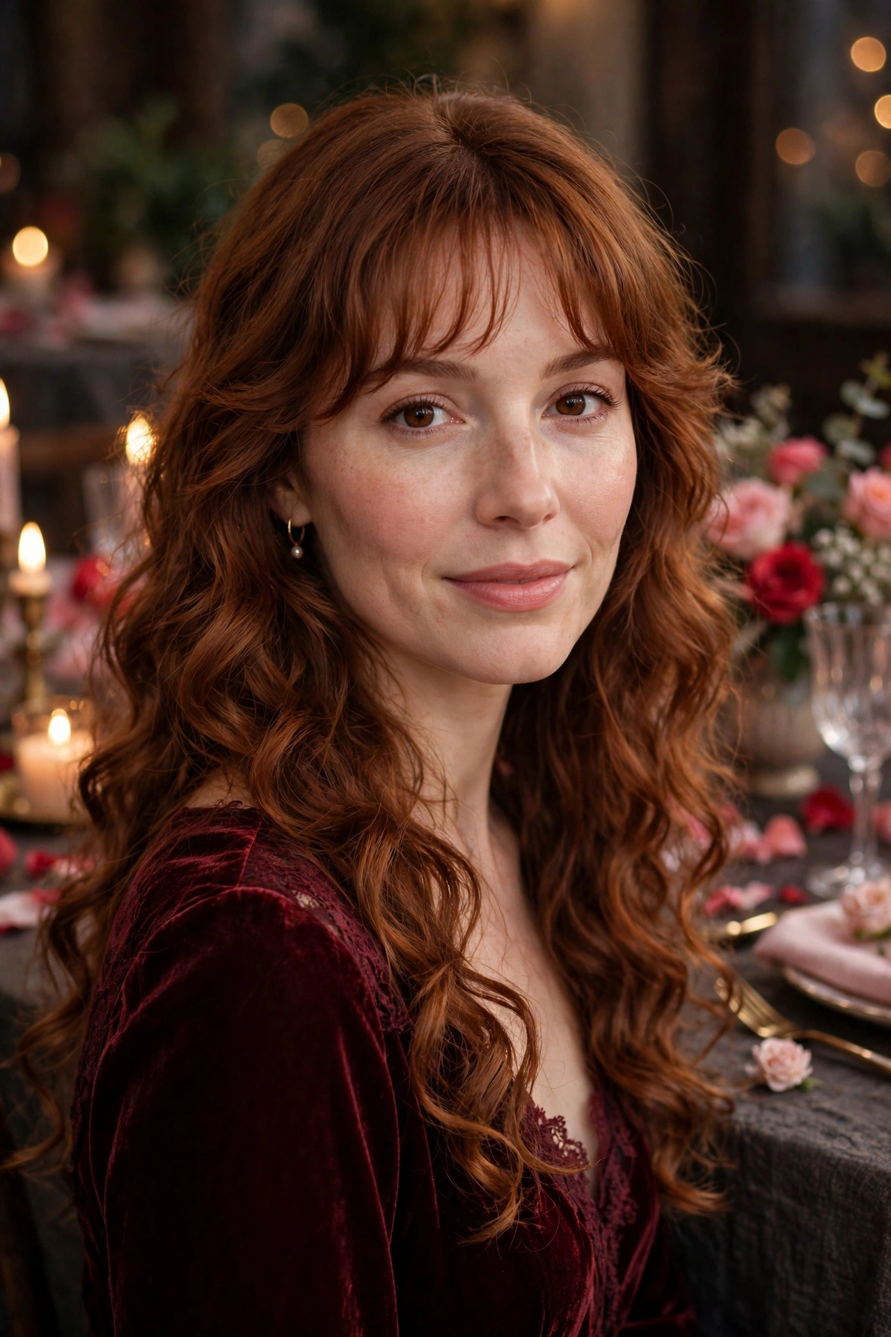 whisper fringe with long soft curls in warm auburn with evening finish
