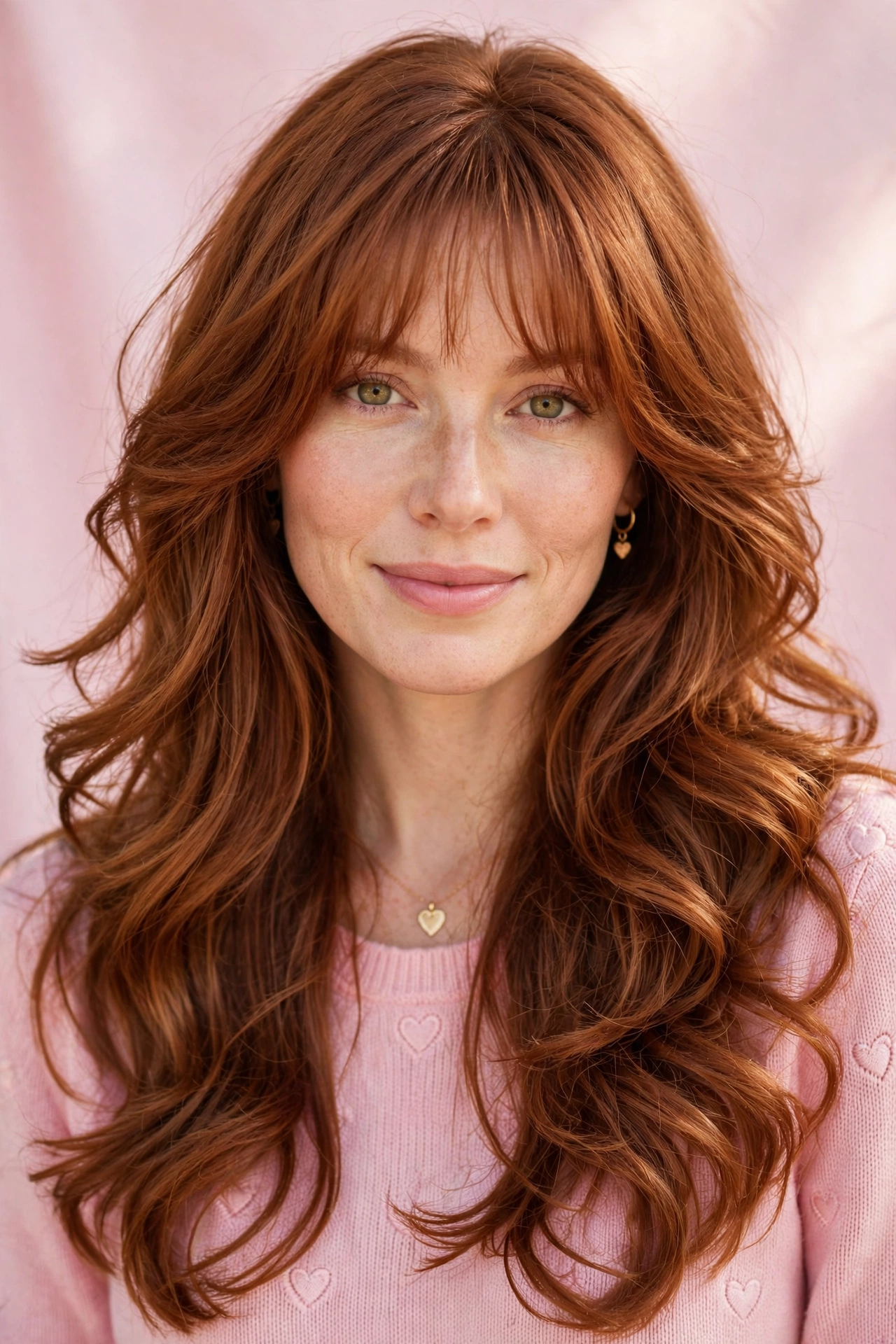 whisper fringe with long bouncy layers in warm auburn with daytime softness