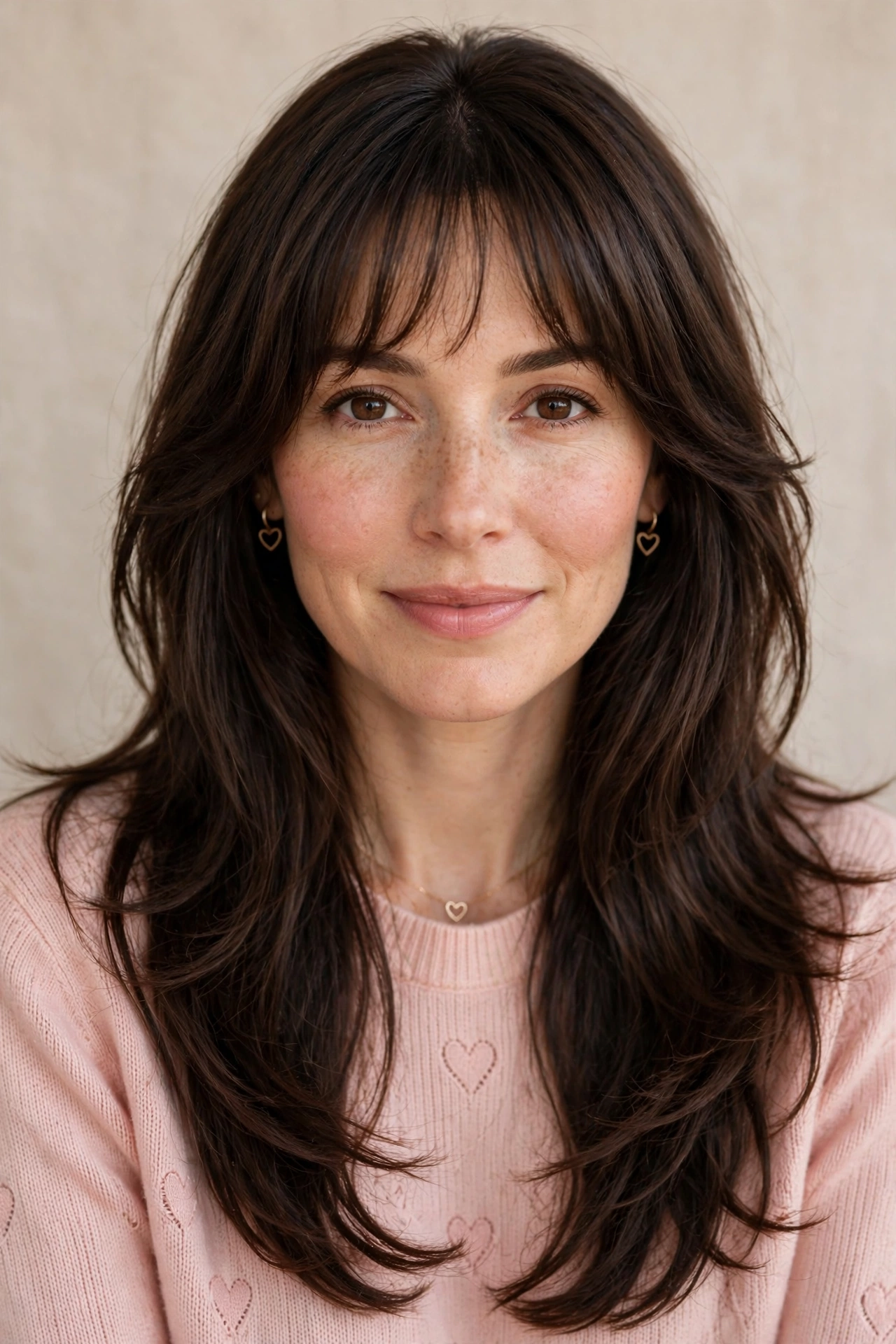 whisper fringe with long soft layered ends in dark chocolate brown with layered ends