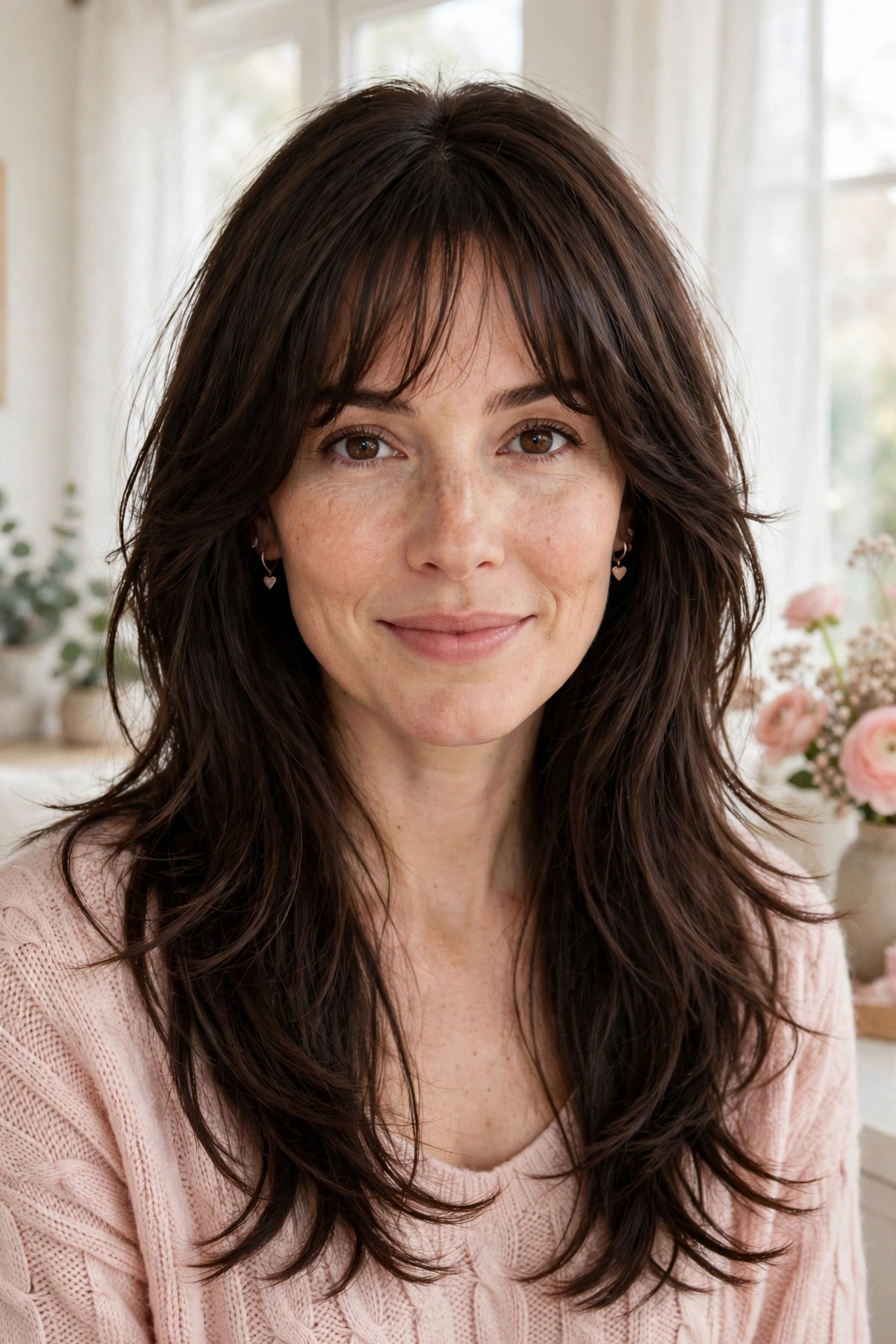 whisper fringe with long feathered layers in dark chocolate brown with feathered ends