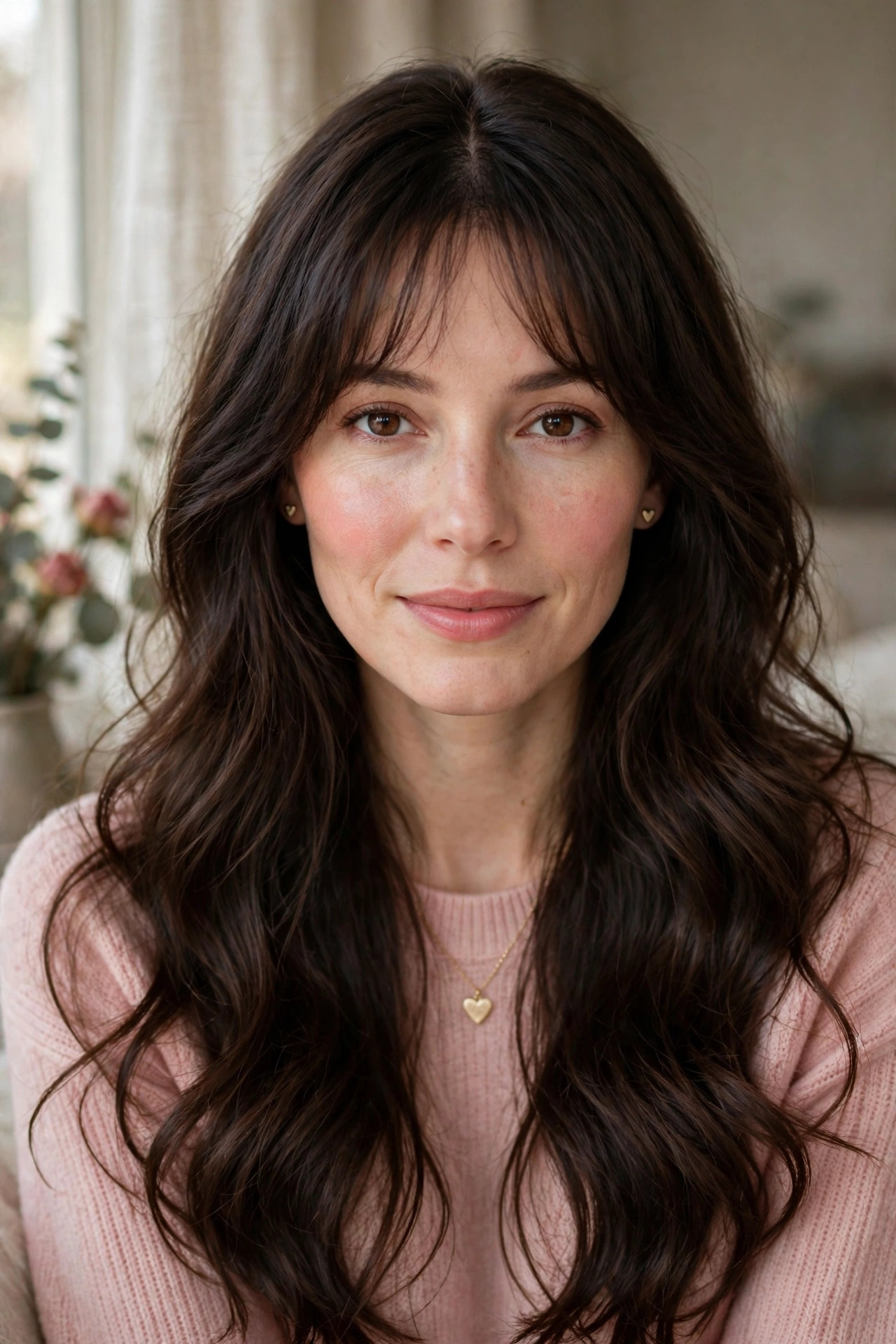 whisper fringe with long airy waves in dark chocolate brown with centre part