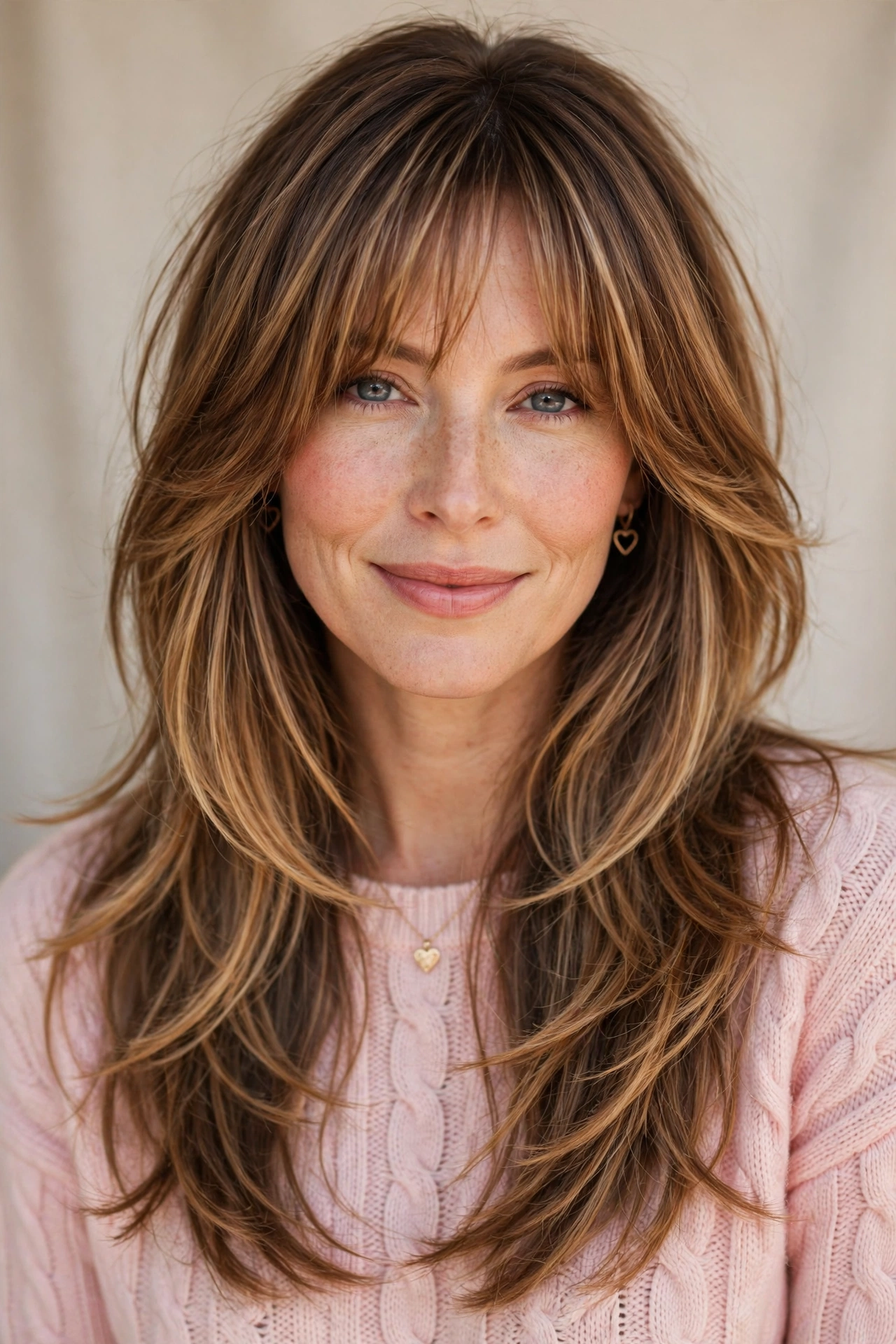 whisper fringe with long soft layered ends in caramel balayage with layered ends