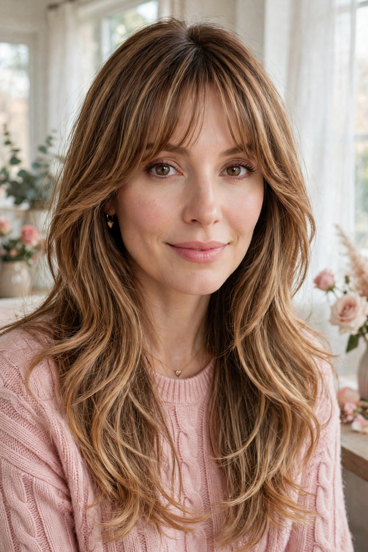 whisper fringe with long feathered layers in caramel balayage with feathered ends