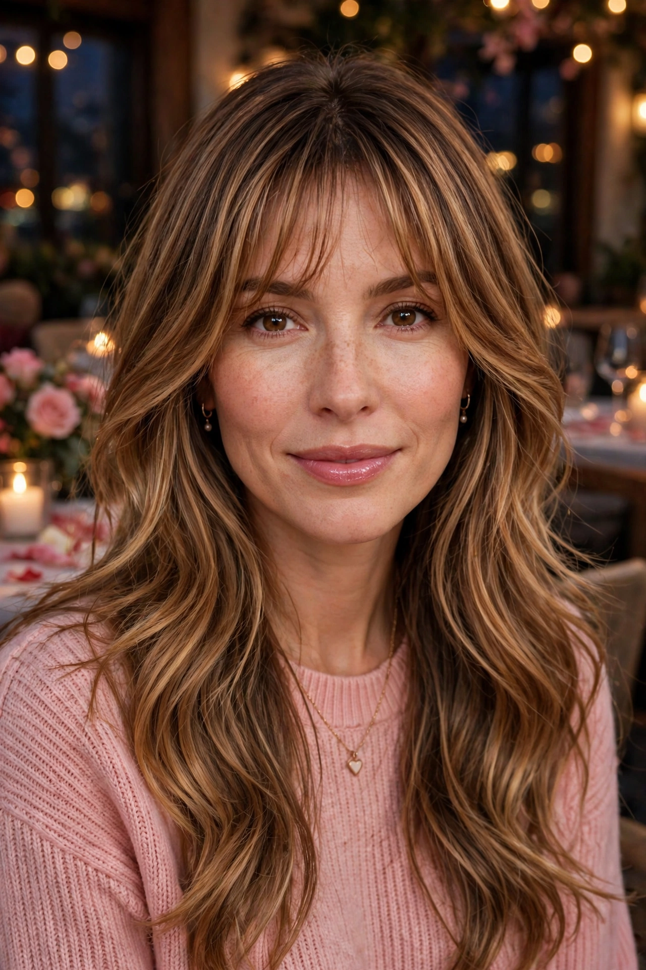 whisper fringe with long face-framing layers in caramel balayage with soft movement
