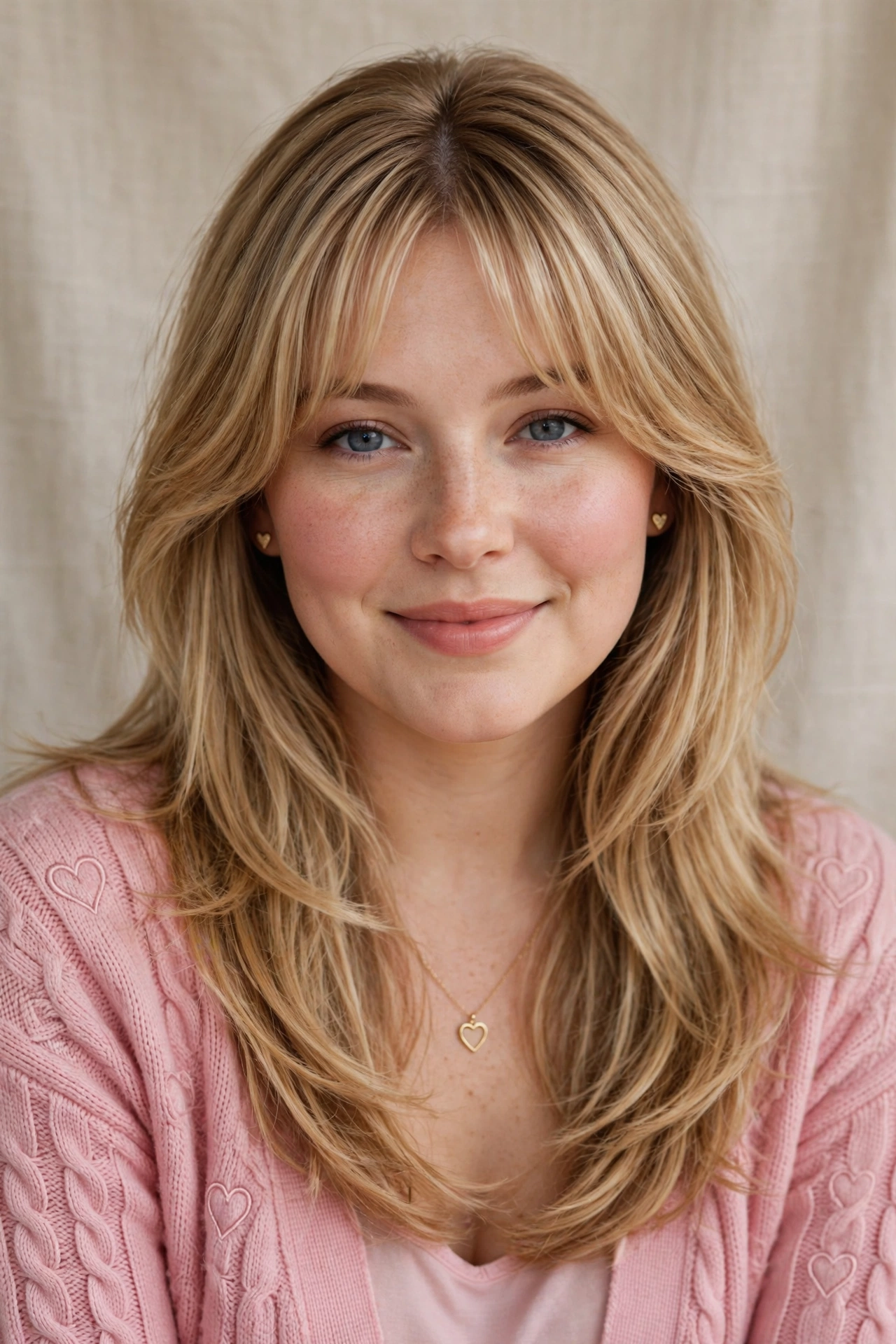 whisper fringe with a soft centre part and long layers in honey blonde with soft centre part