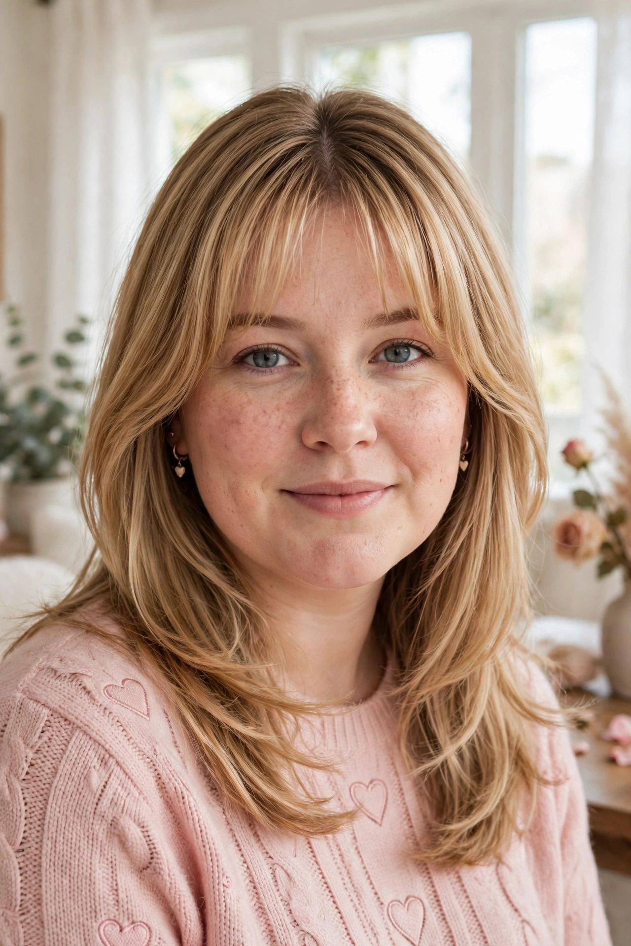whisper fringe with a soft centre part and shoulder-length hair in honey blonde with elongating layers