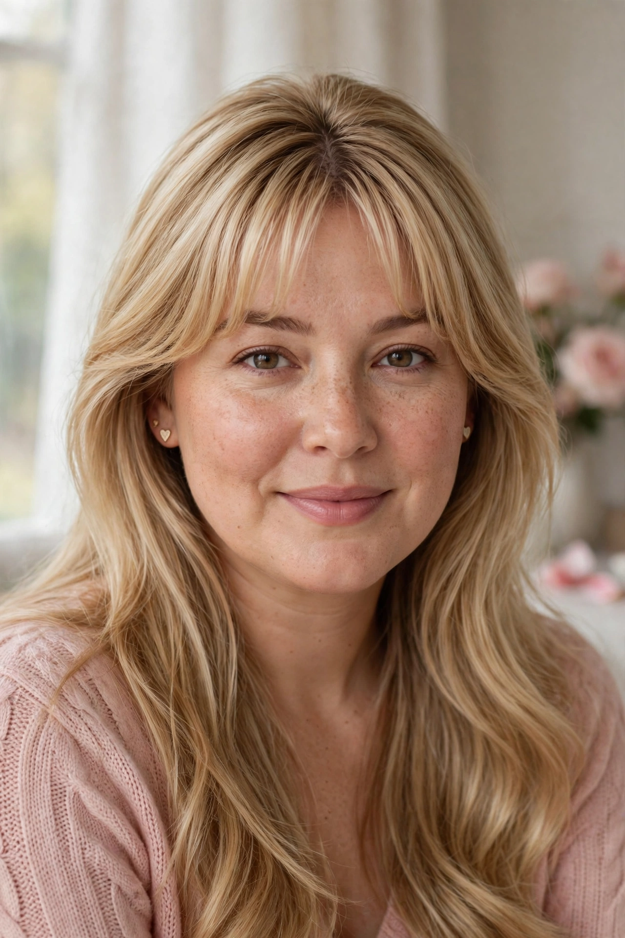 whisper fringe with a soft centre part and sleek hair in honey blonde with gentle volume at the crown