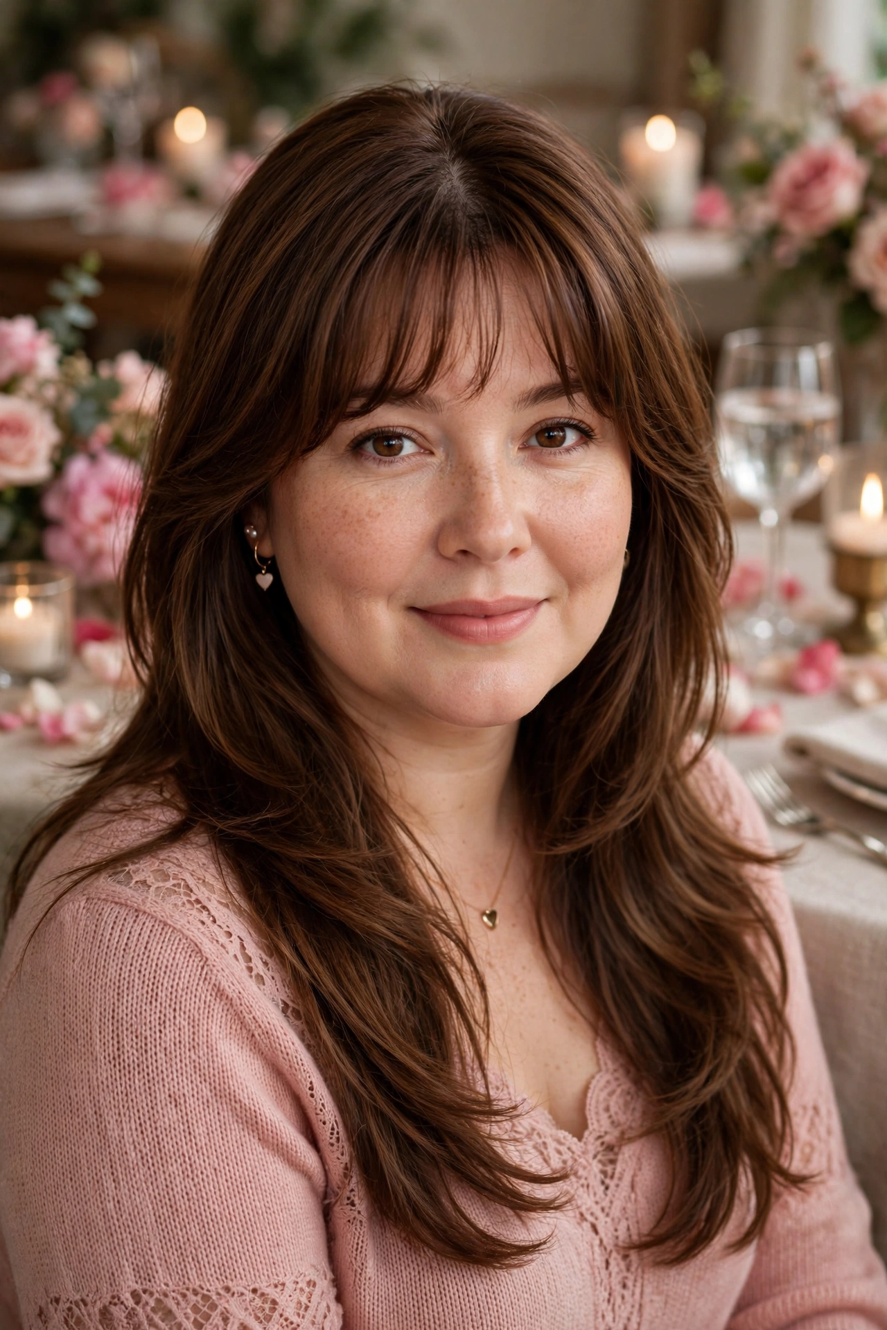 whisper fringe with a soft centre part and long layers in chestnut brown with soft centre part