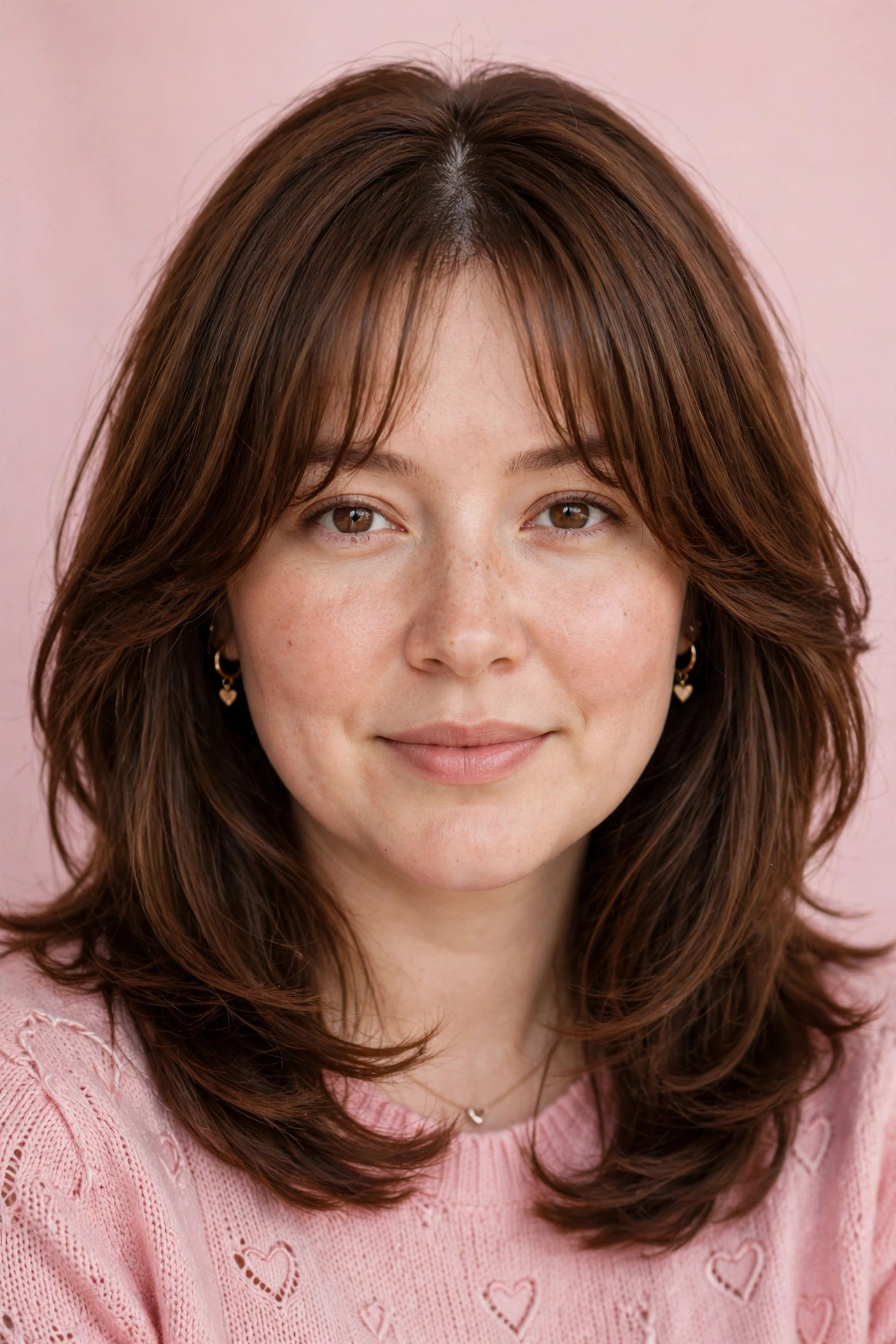 whisper fringe with a soft centre part and shoulder-length hair in chestnut brown with elongating layers