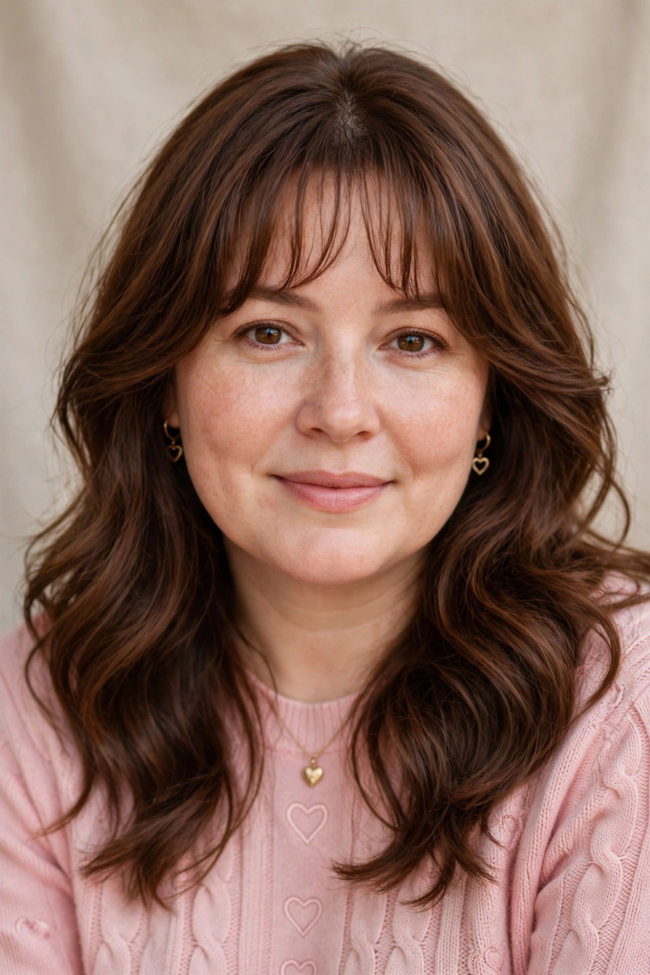 whisper fringe with a soft centre part and soft waves in chestnut brown with face-framing pieces
