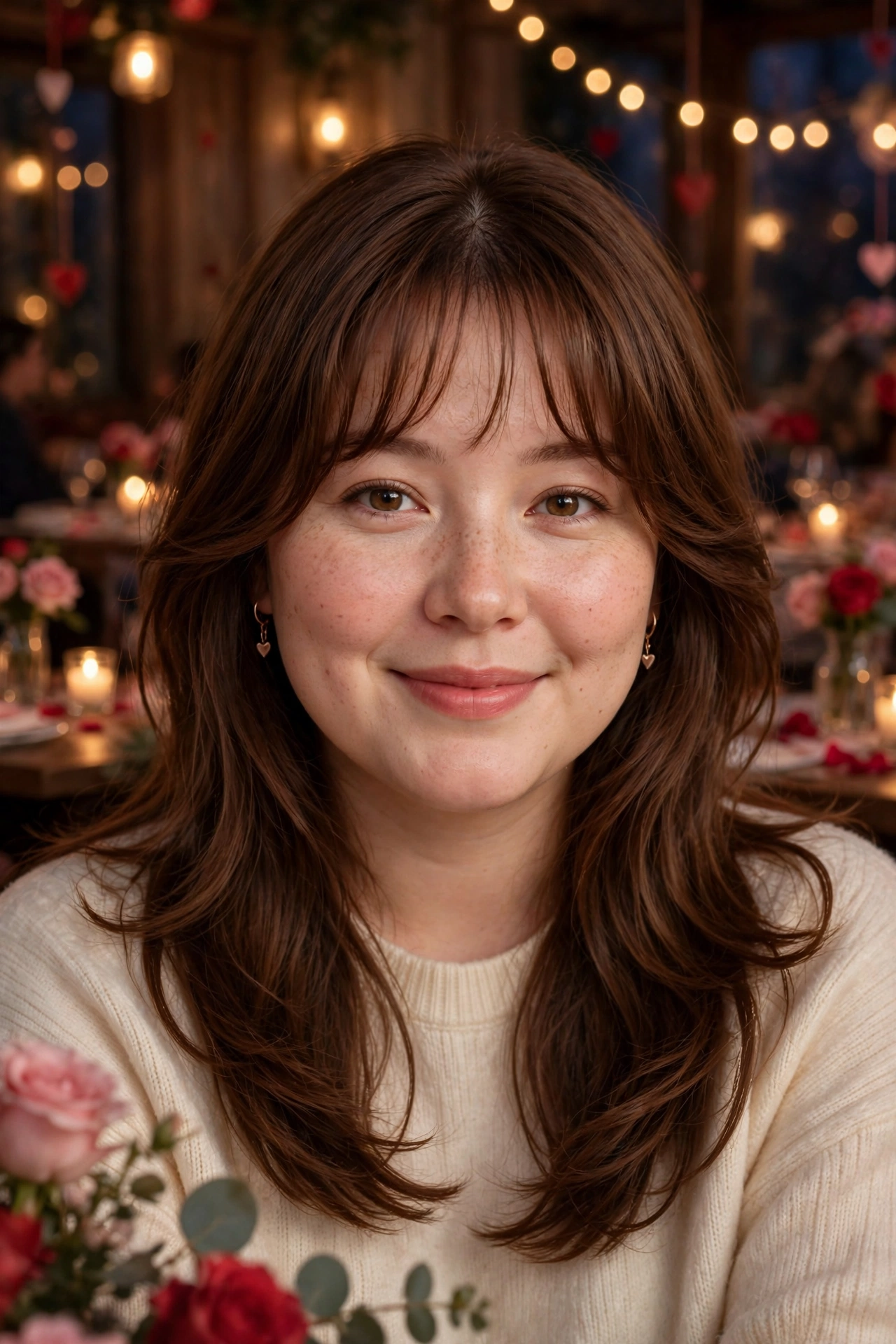 whisper fringe with a soft centre part and face-framing layers in chestnut brown with soft ends