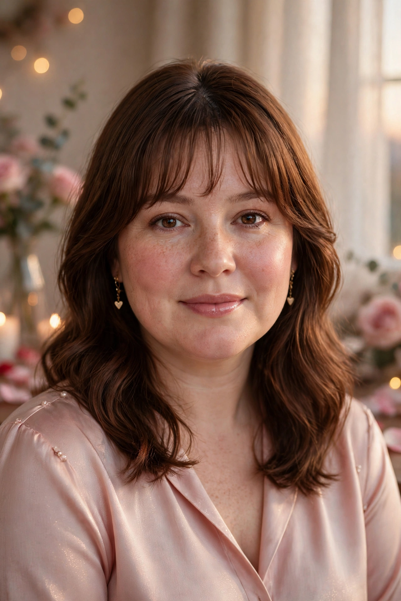 whisper fringe with a soft centre part and a lob in chestnut brown with evening polish