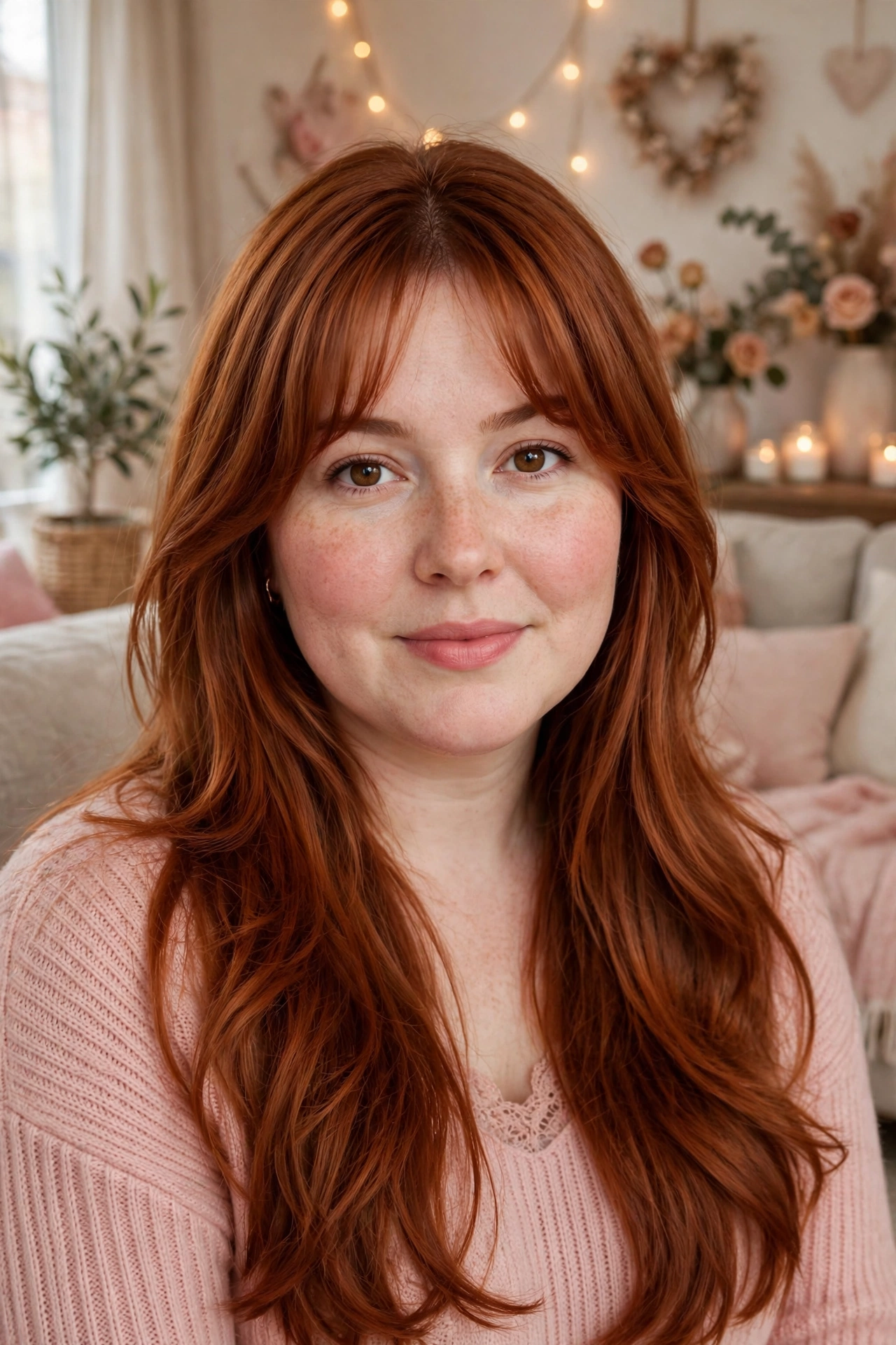 whisper fringe with a soft centre part and long layers in warm auburn with soft centre part