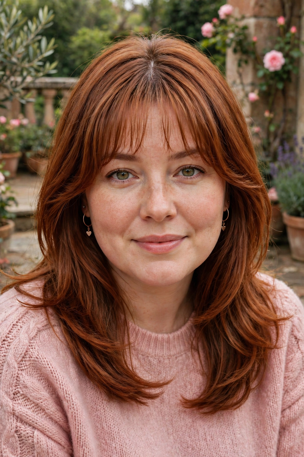 whisper fringe with a soft centre part and shoulder-length hair in warm auburn with elongating layers