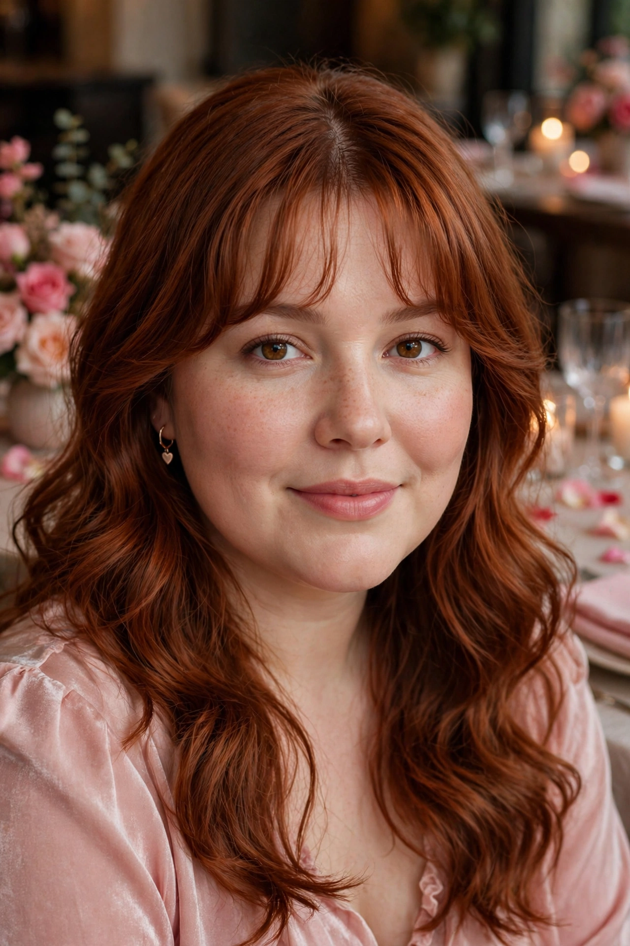 whisper fringe with a soft centre part and soft waves in warm auburn with face-framing pieces