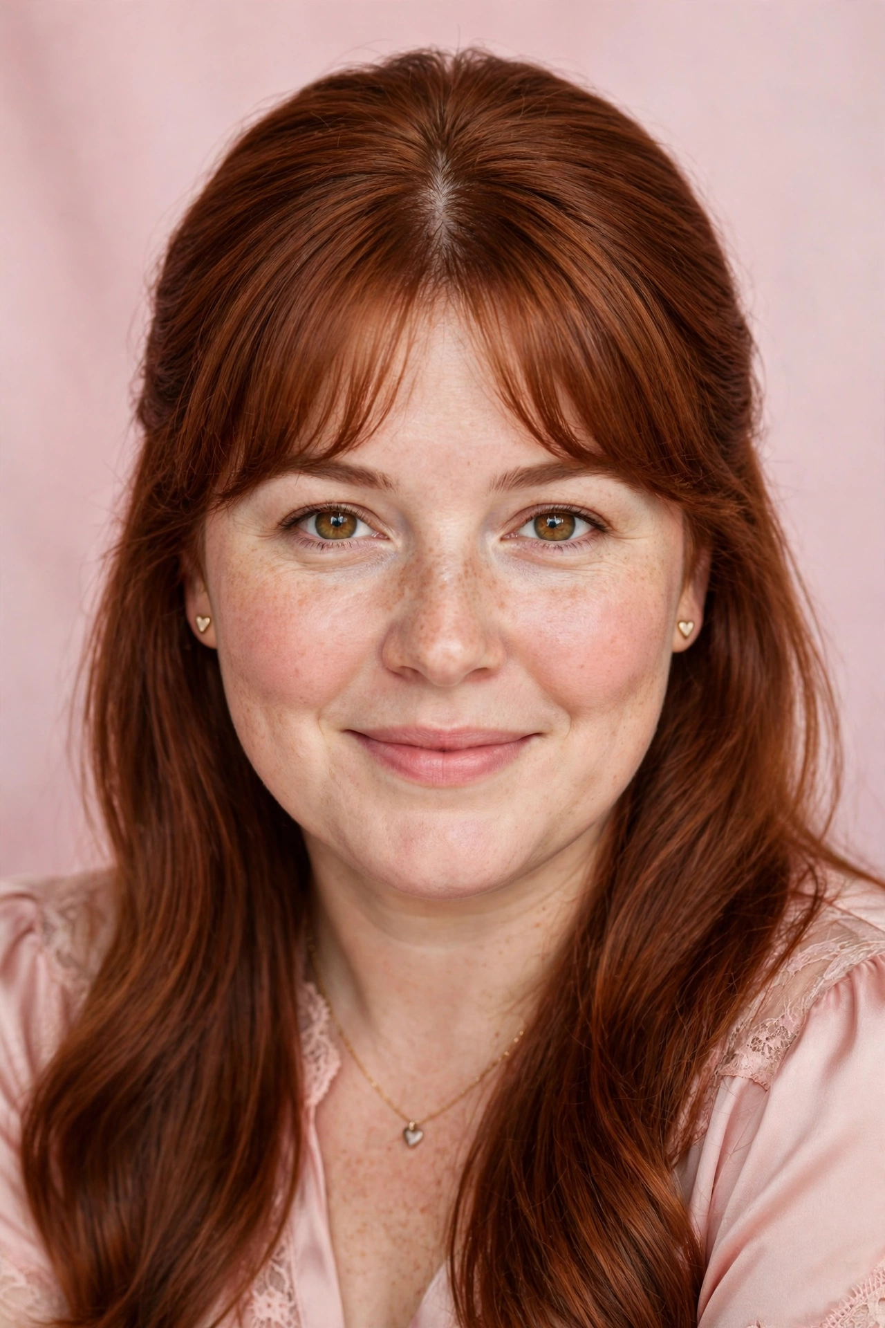whisper fringe with a soft centre part and sleek hair in warm auburn with gentle volume at the crown