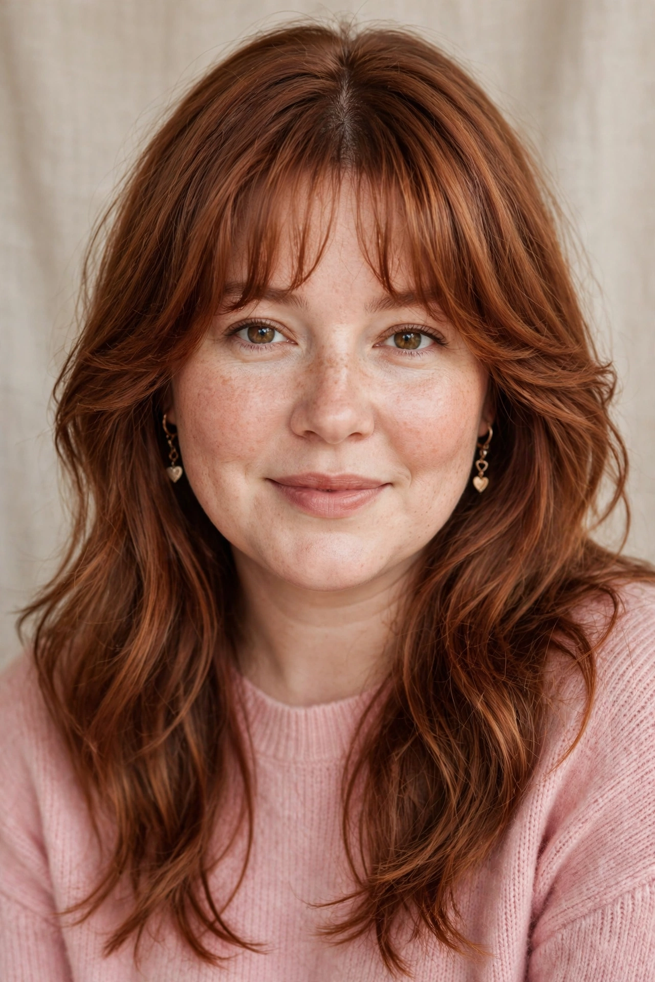 whisper fringe with a soft centre part and face-framing layers in warm auburn with soft ends