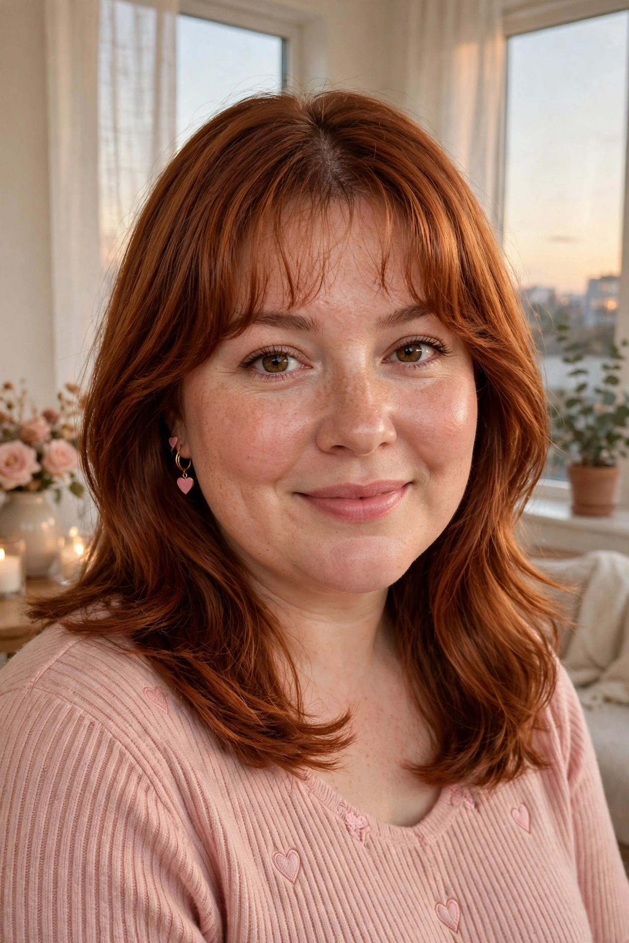 whisper fringe with a soft centre part and a lob in warm auburn with evening polish