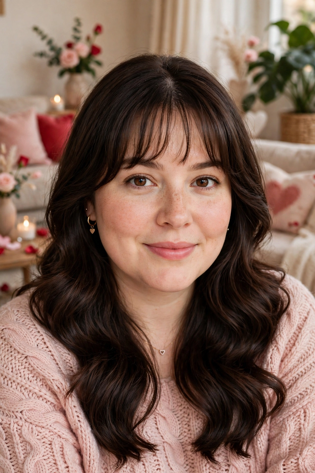 whisper fringe with a soft centre part and soft waves in dark chocolate brown with face-framing pieces