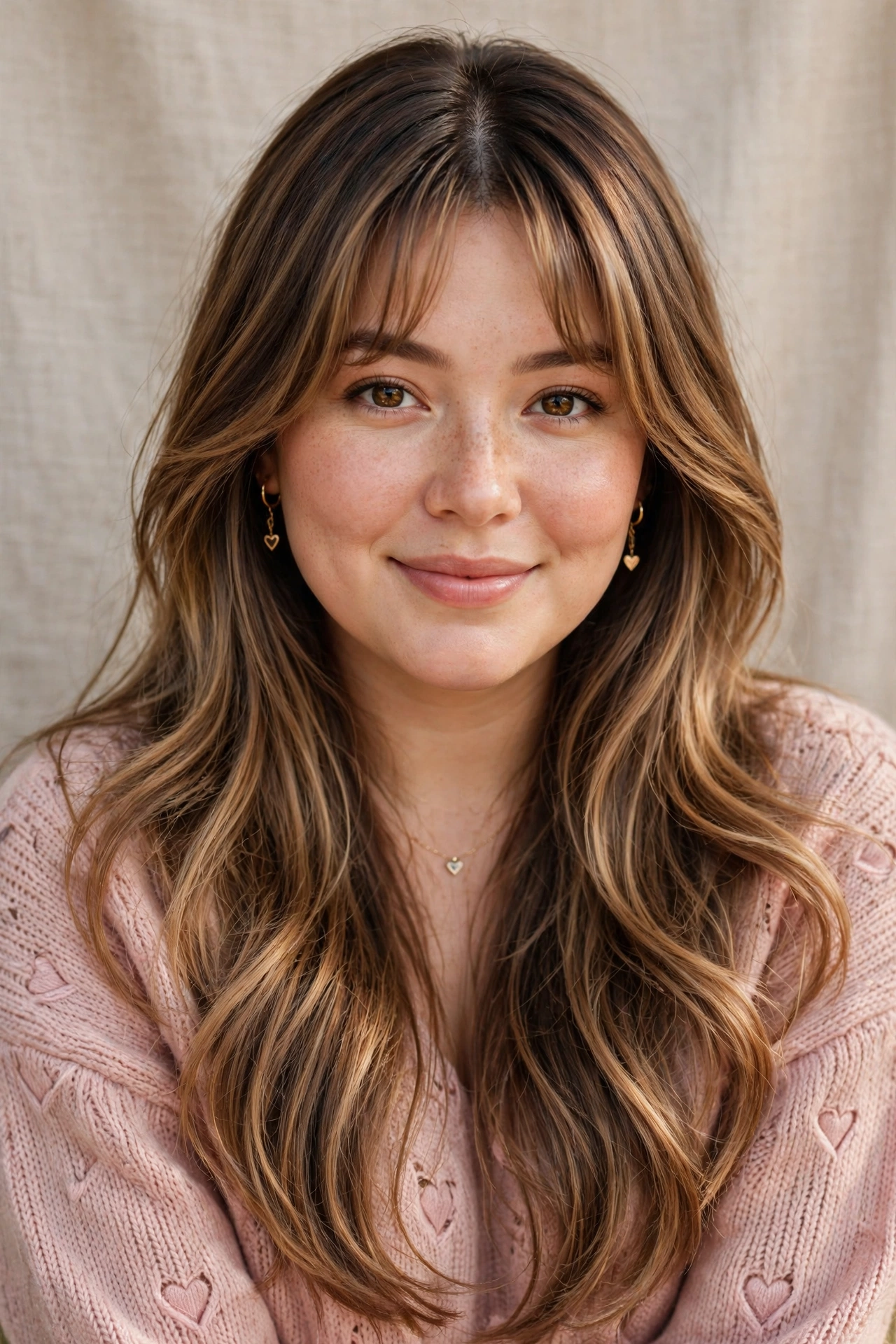 whisper fringe with a soft centre part and long layers in caramel balayage with soft centre part