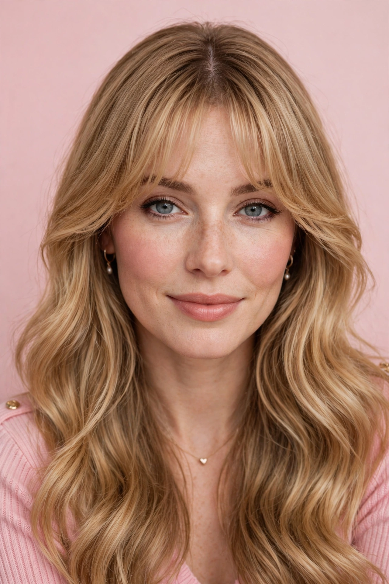 feathered airy bangs with long soft waves in honey blonde with centre part