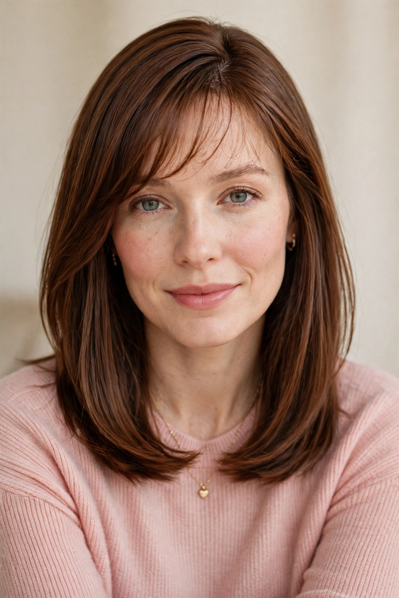 feathered airy bangs with shoulder-length sleek hair in golden blonde with feathered ends