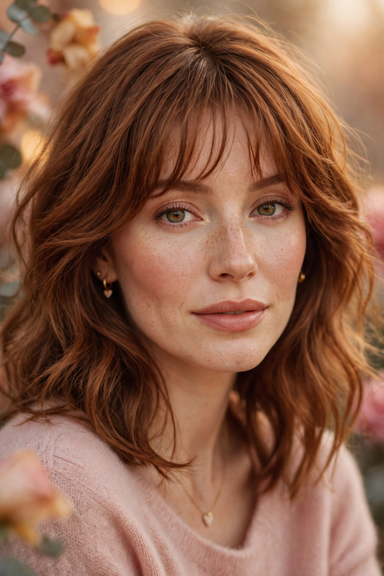 feathered airy bangs with medium tousled waves in toffee brown with brunch-soft finish