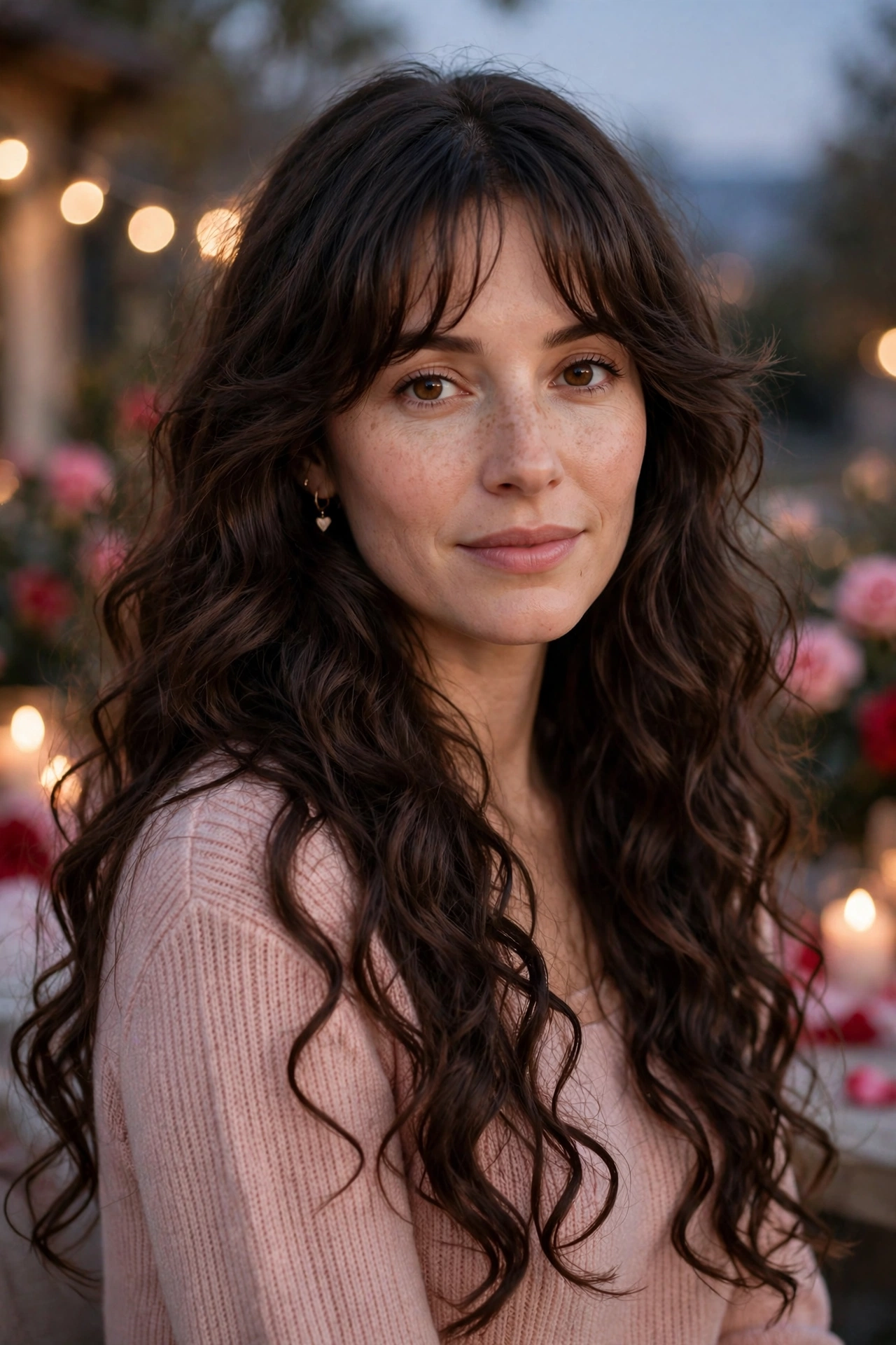 feathered airy bangs with long loose curls in dark chocolate brown with centre part