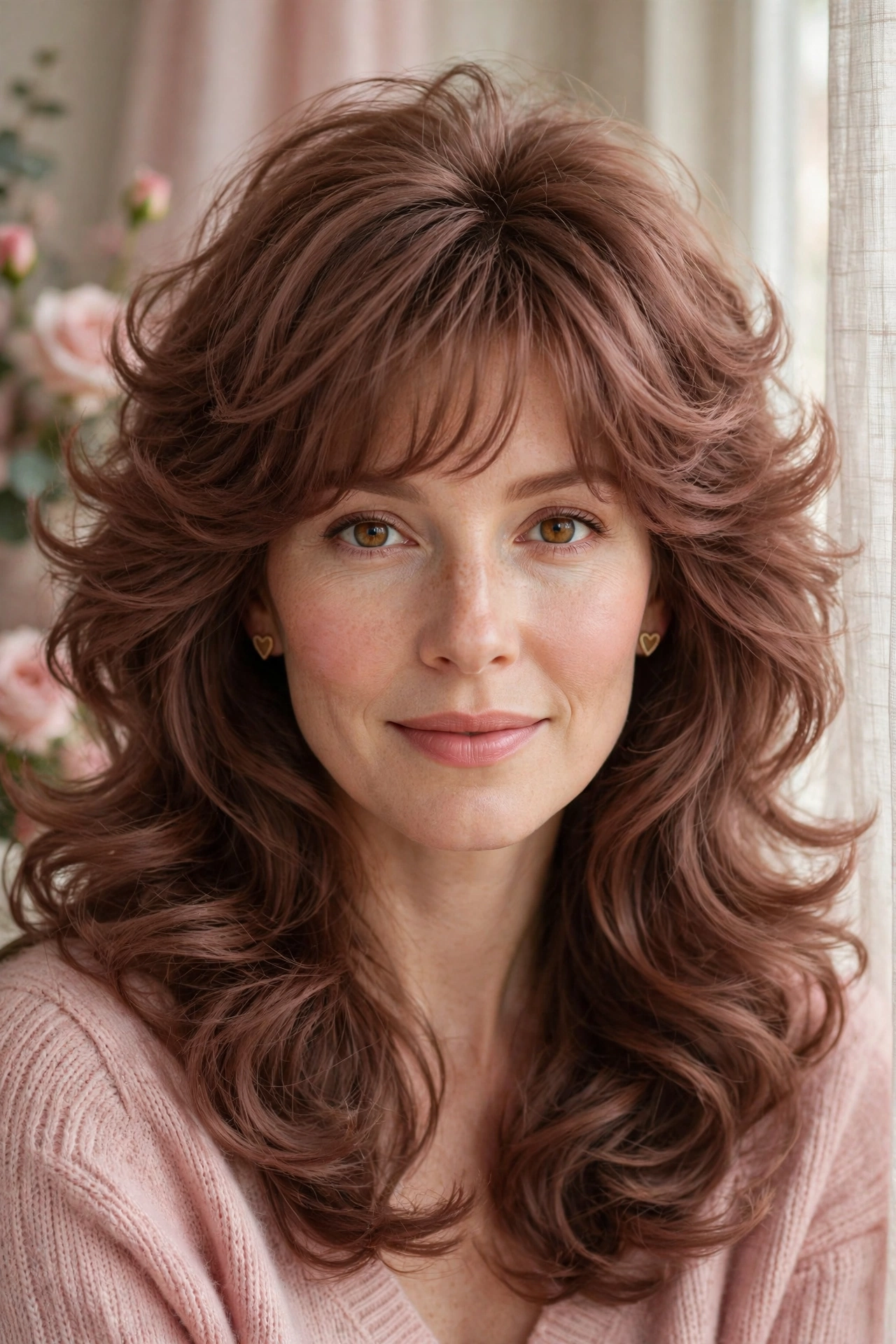 feathered airy bangs with a bouncy blowout in rose brown with feathered ends