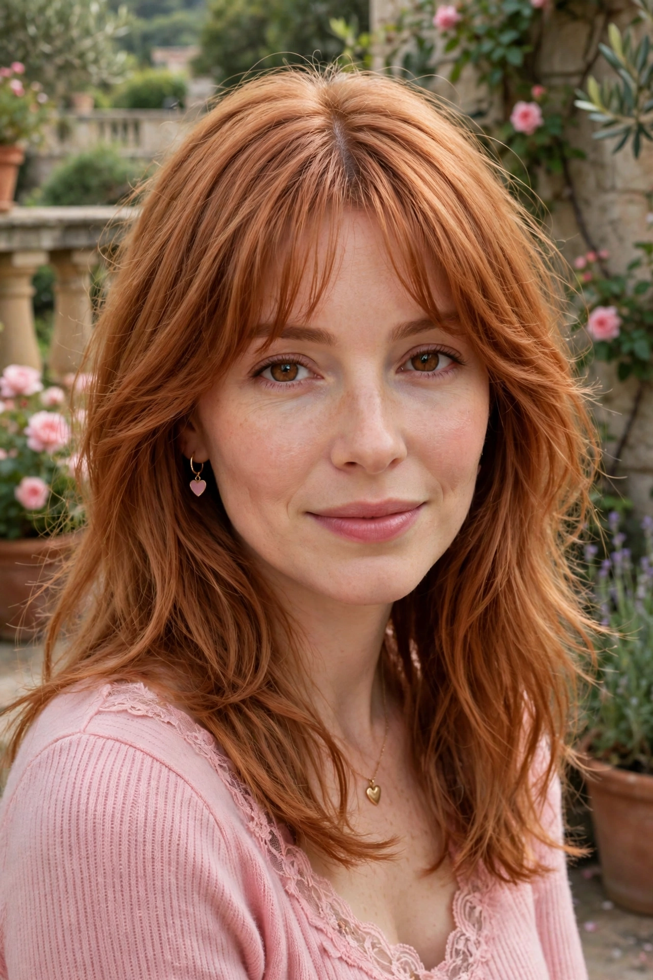feathered airy bangs with soft curtain blending in soft copper with centre part