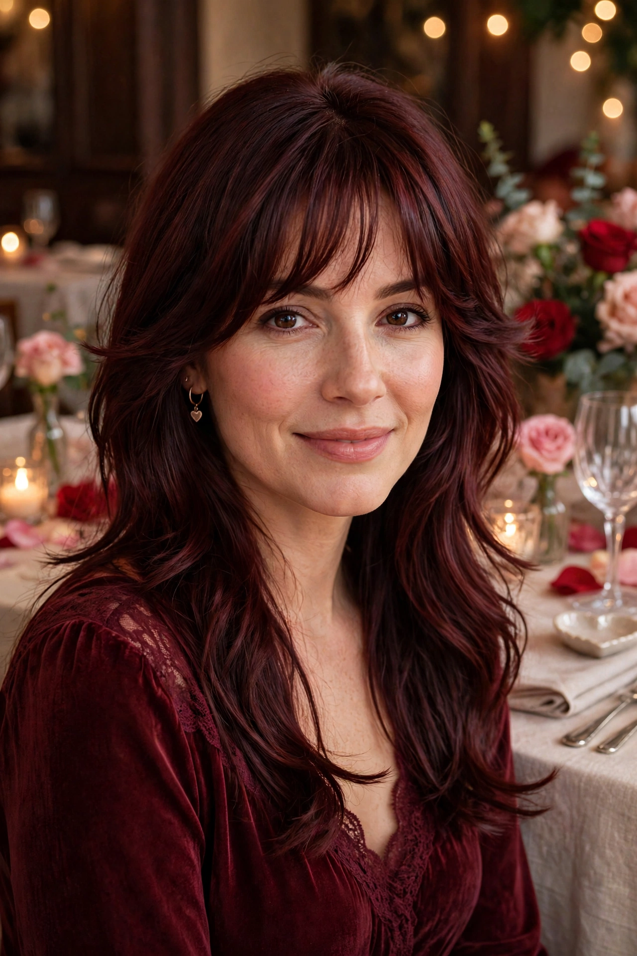 feathered airy bangs with layered ends in deep burgundy brown with feathered ends