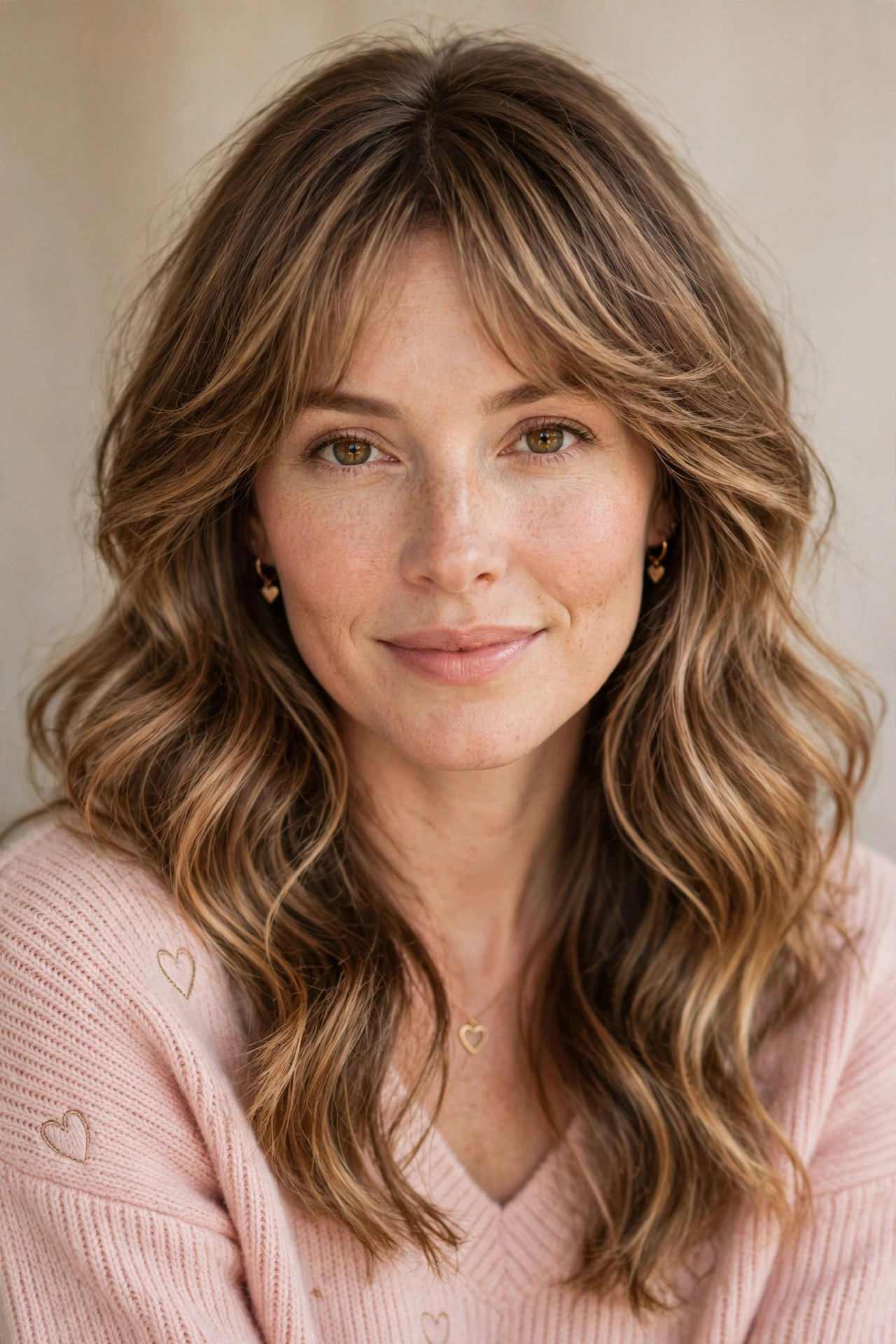feathered airy bangs with gentle volume at the crown in caramel balayage with brunch-soft finish