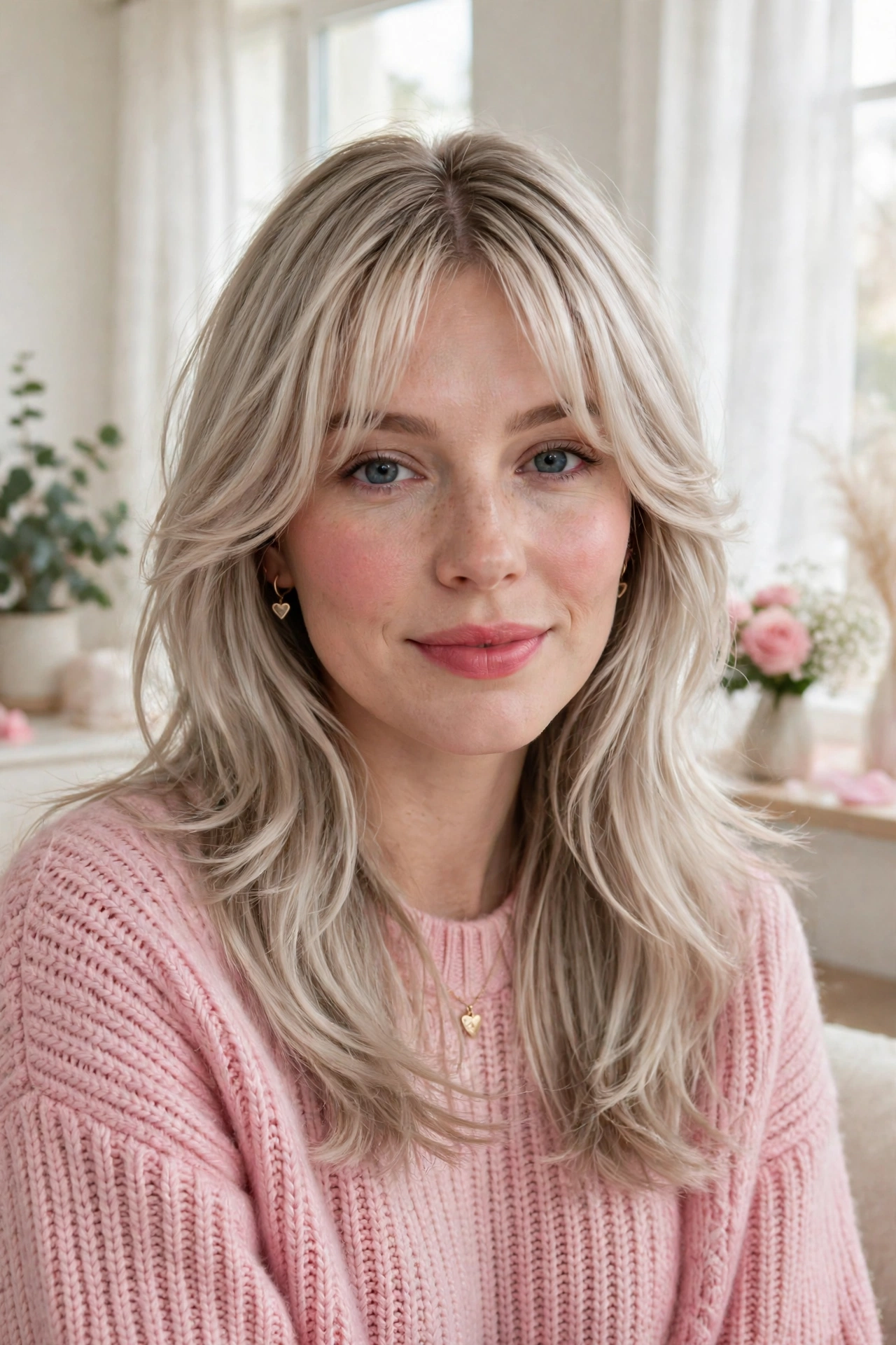 feathered airy bangs with face-framing layers in ash blonde with centre part