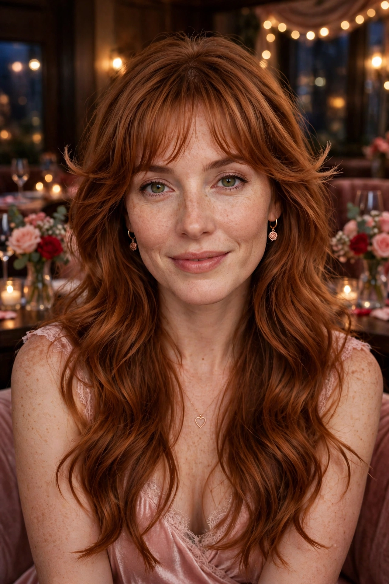 feathered airy bangs with long soft waves in warm auburn with feathered ends