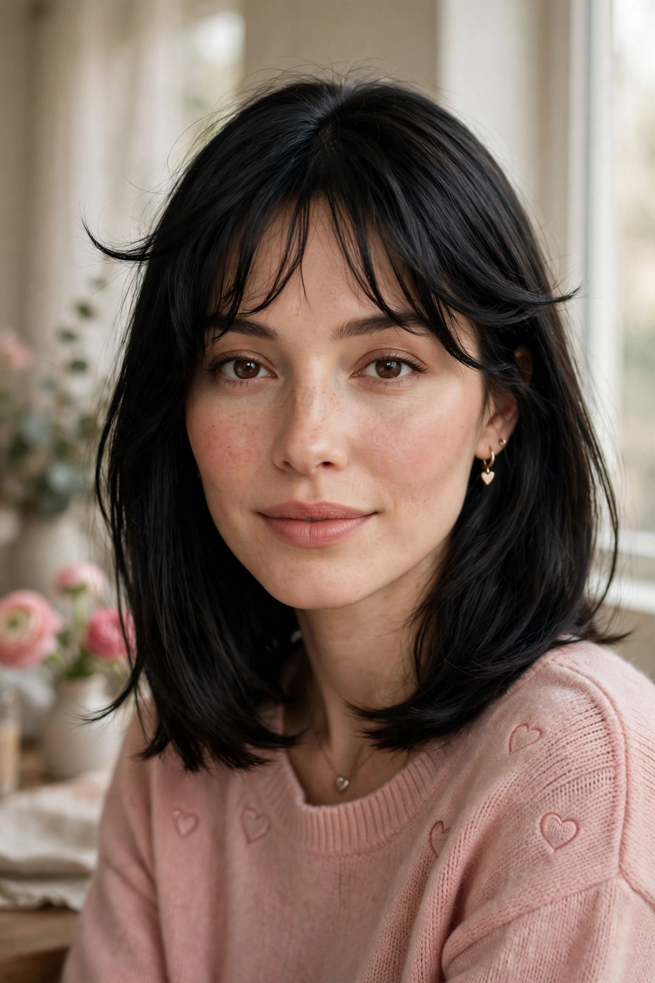 feathered airy bangs with shoulder-length sleek hair in espresso black with brunch-soft finish