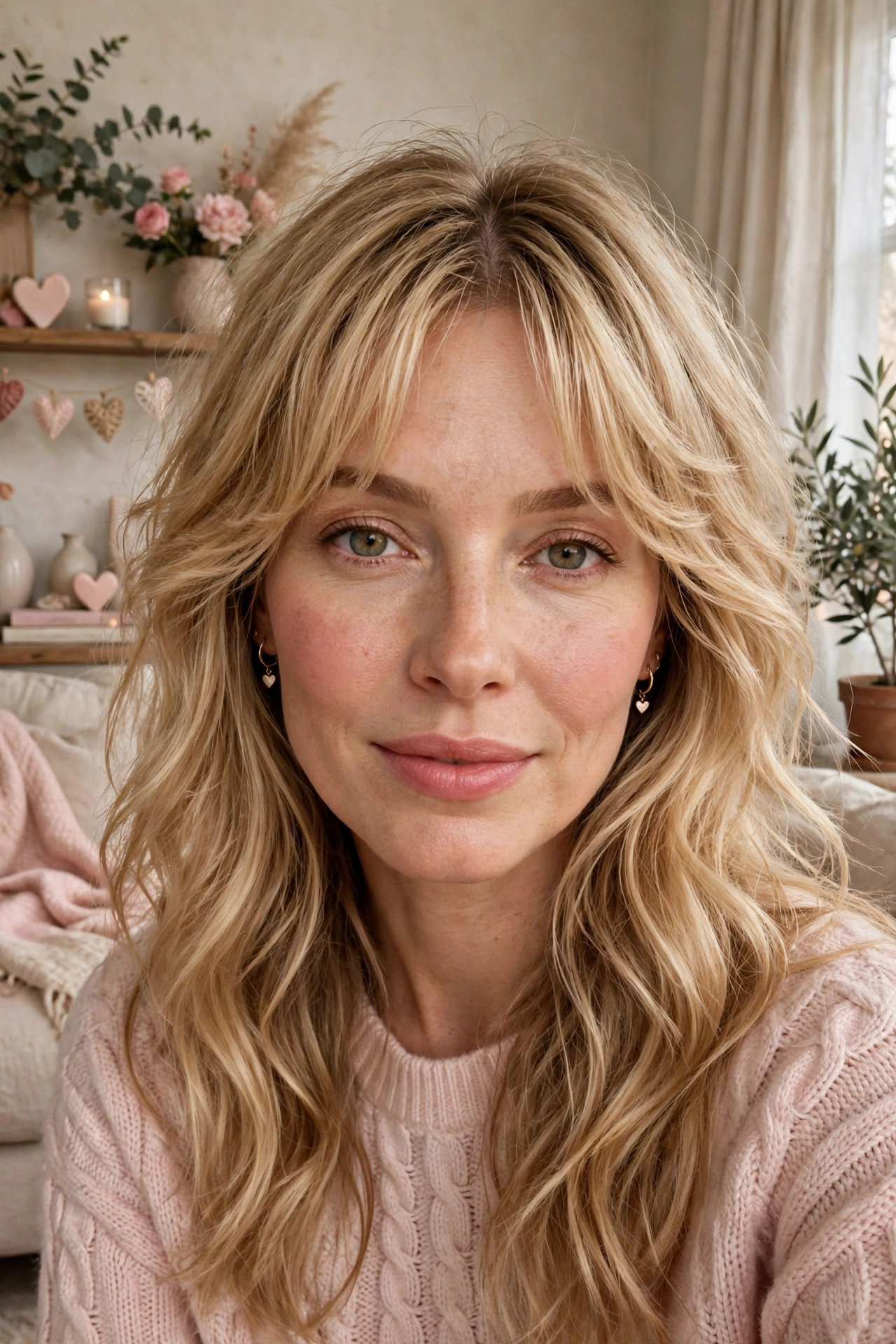 feathered airy bangs with medium tousled waves in honey blonde with centre part