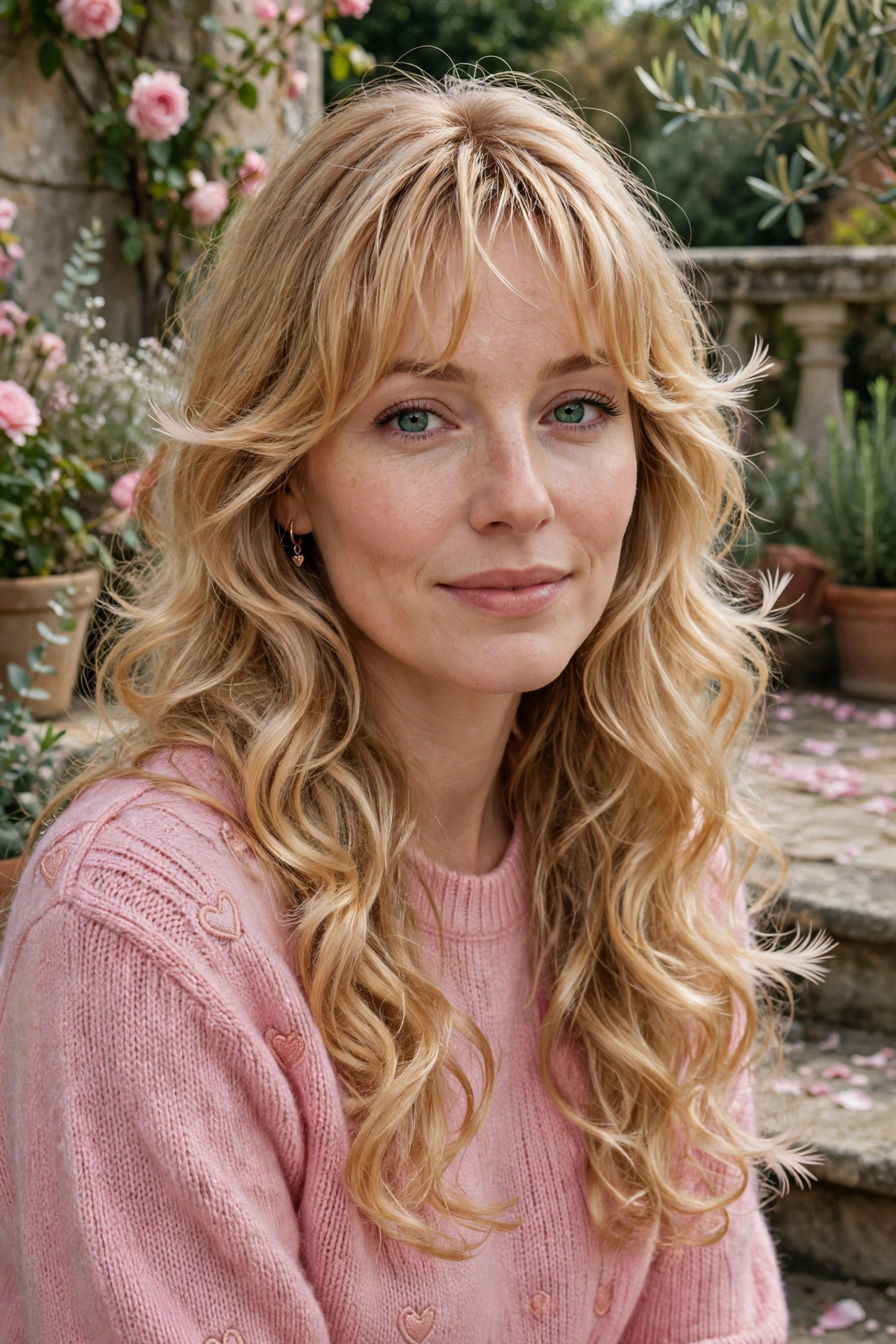 feathered airy bangs with long loose curls in golden blonde with feathered ends