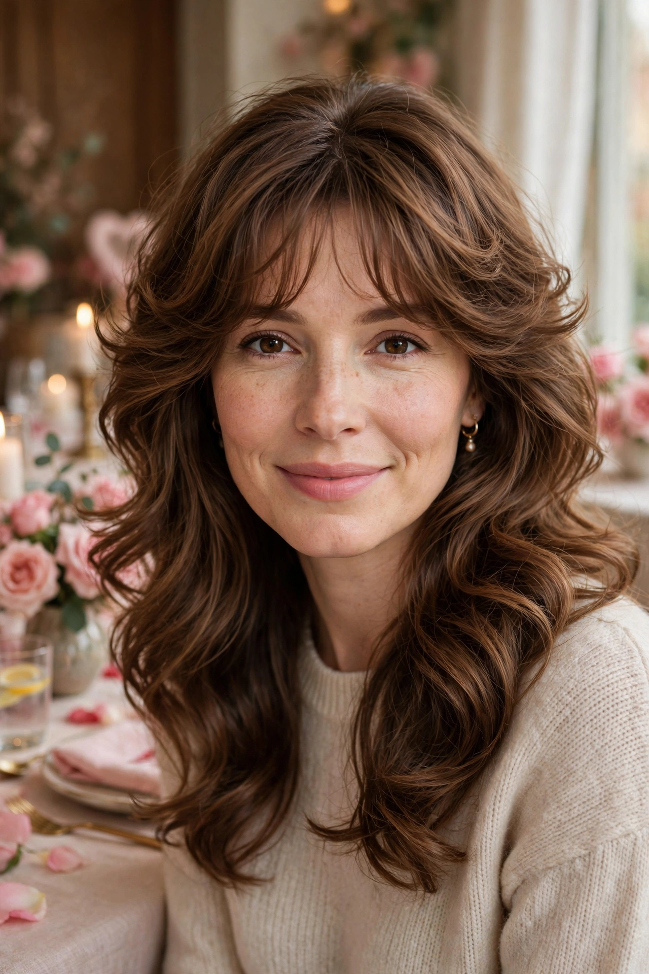 feathered airy bangs with a bouncy blowout in toffee brown with brunch-soft finish