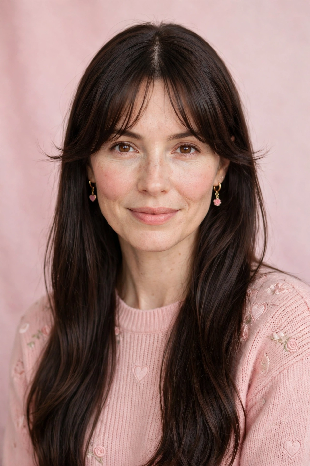 feathered airy bangs with straight glossy hair in dark chocolate brown with centre part