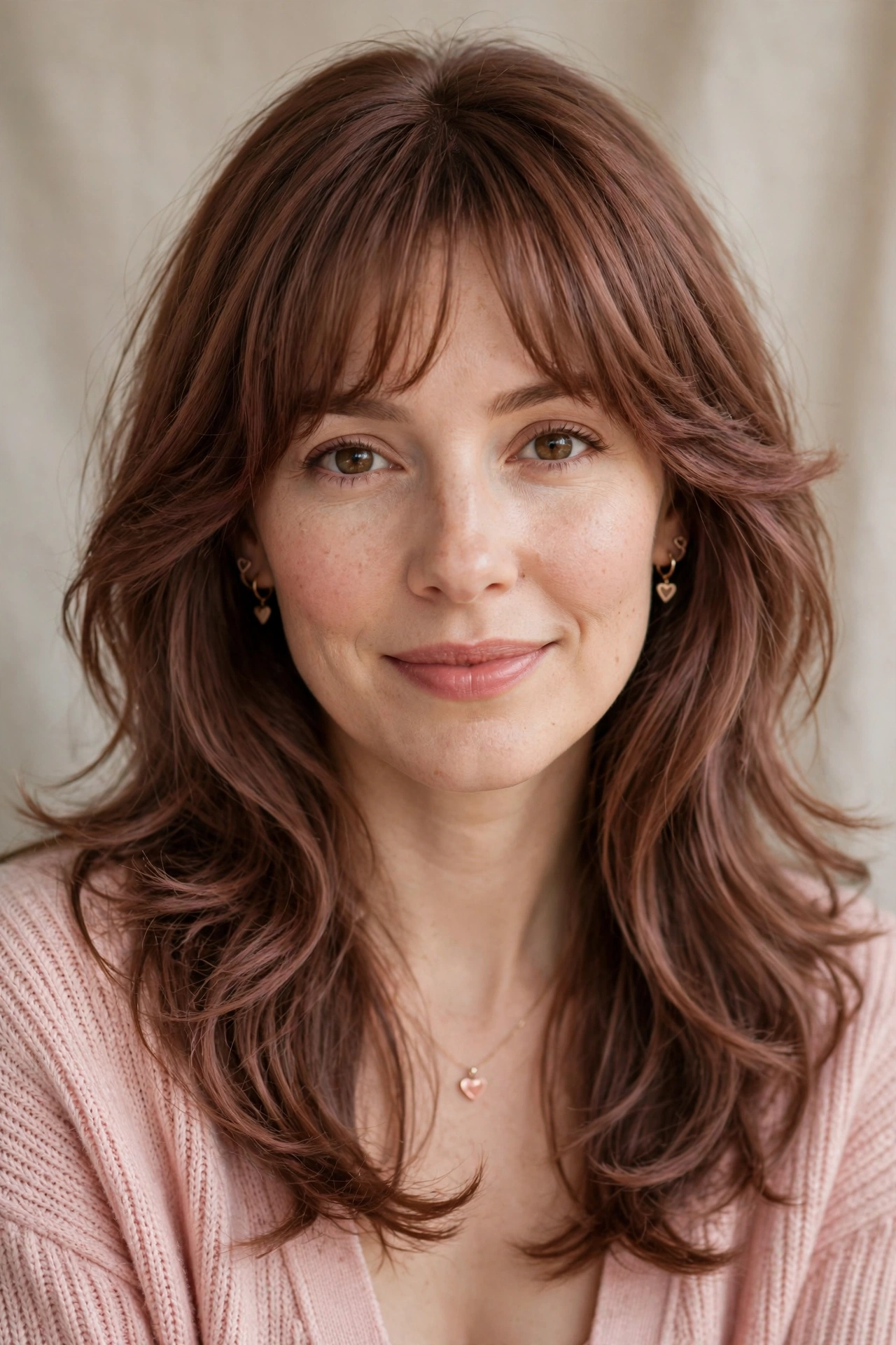 feathered airy bangs with soft curtain blending in rose brown with feathered ends