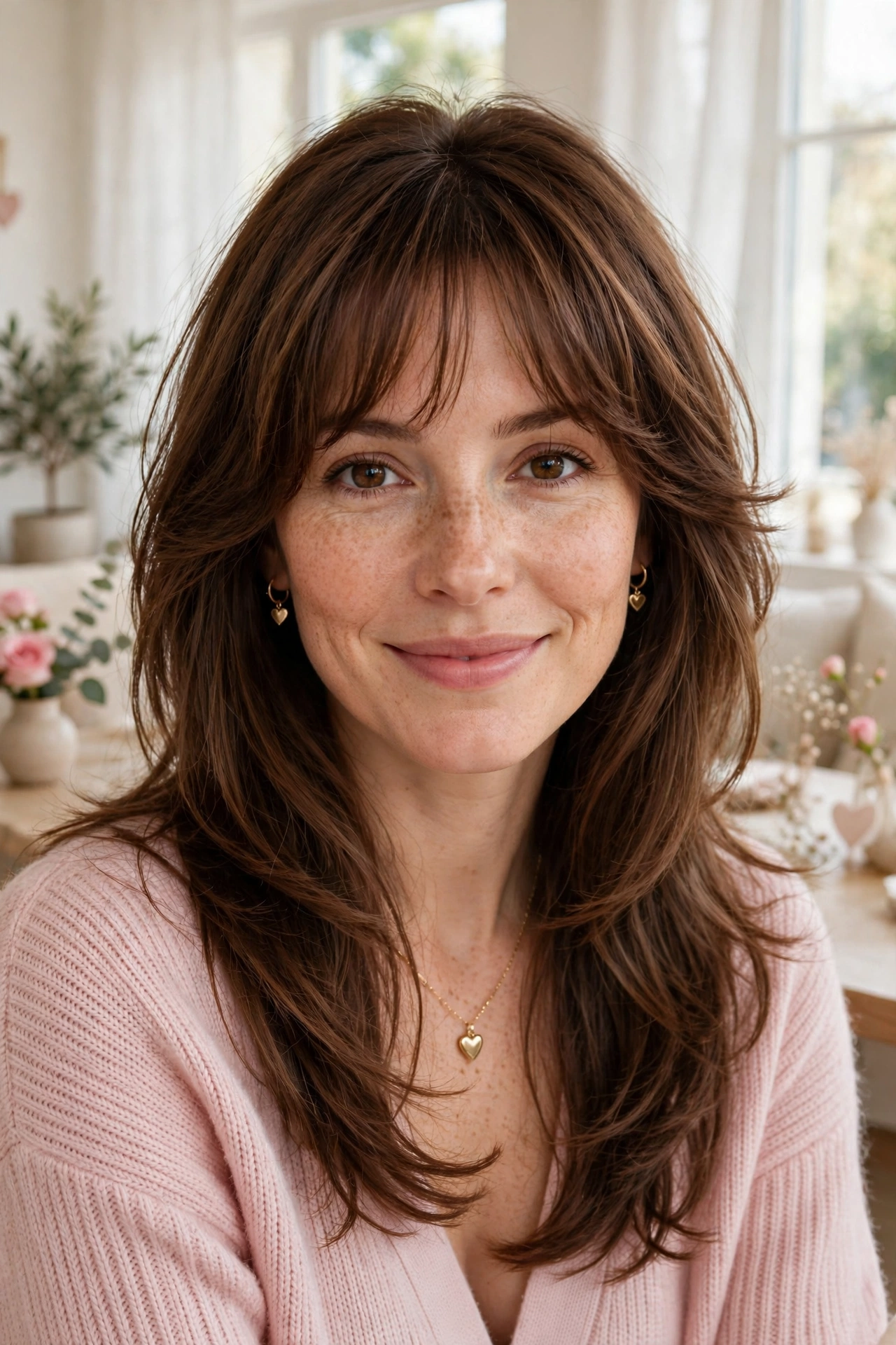 feathered airy bangs with layered ends in chestnut brown with brunch-soft finish