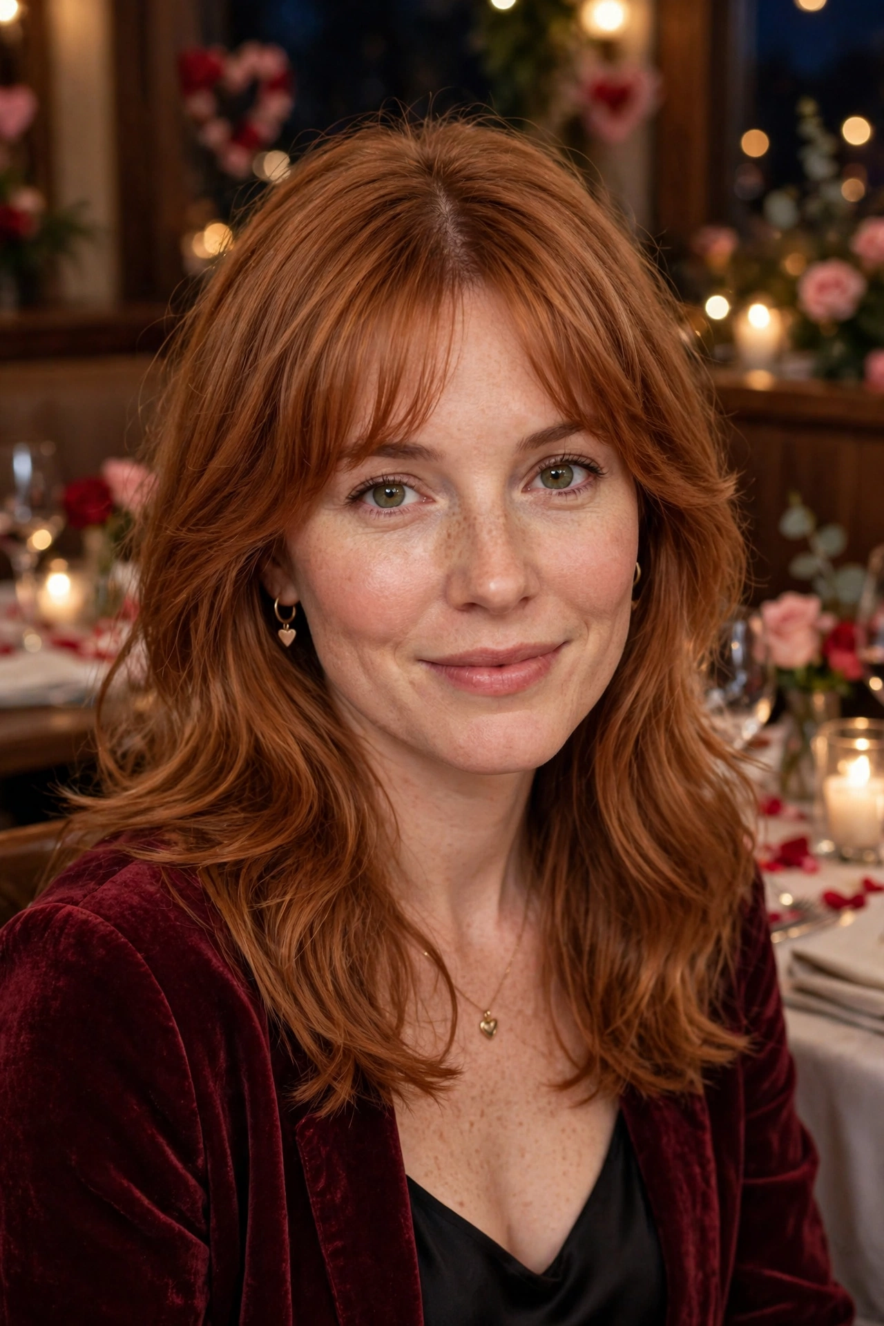 feathered airy bangs with gentle volume at the crown in soft copper with centre part